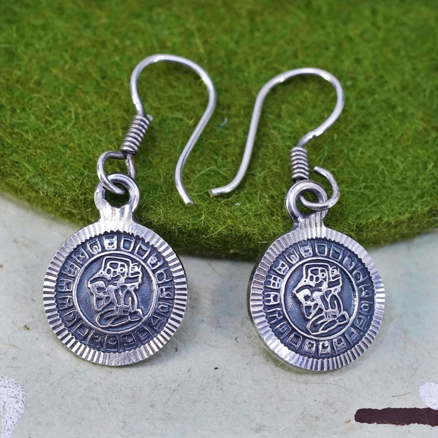 Vintage sterling silver handmade earrings, 925 circle with Mayan calendar