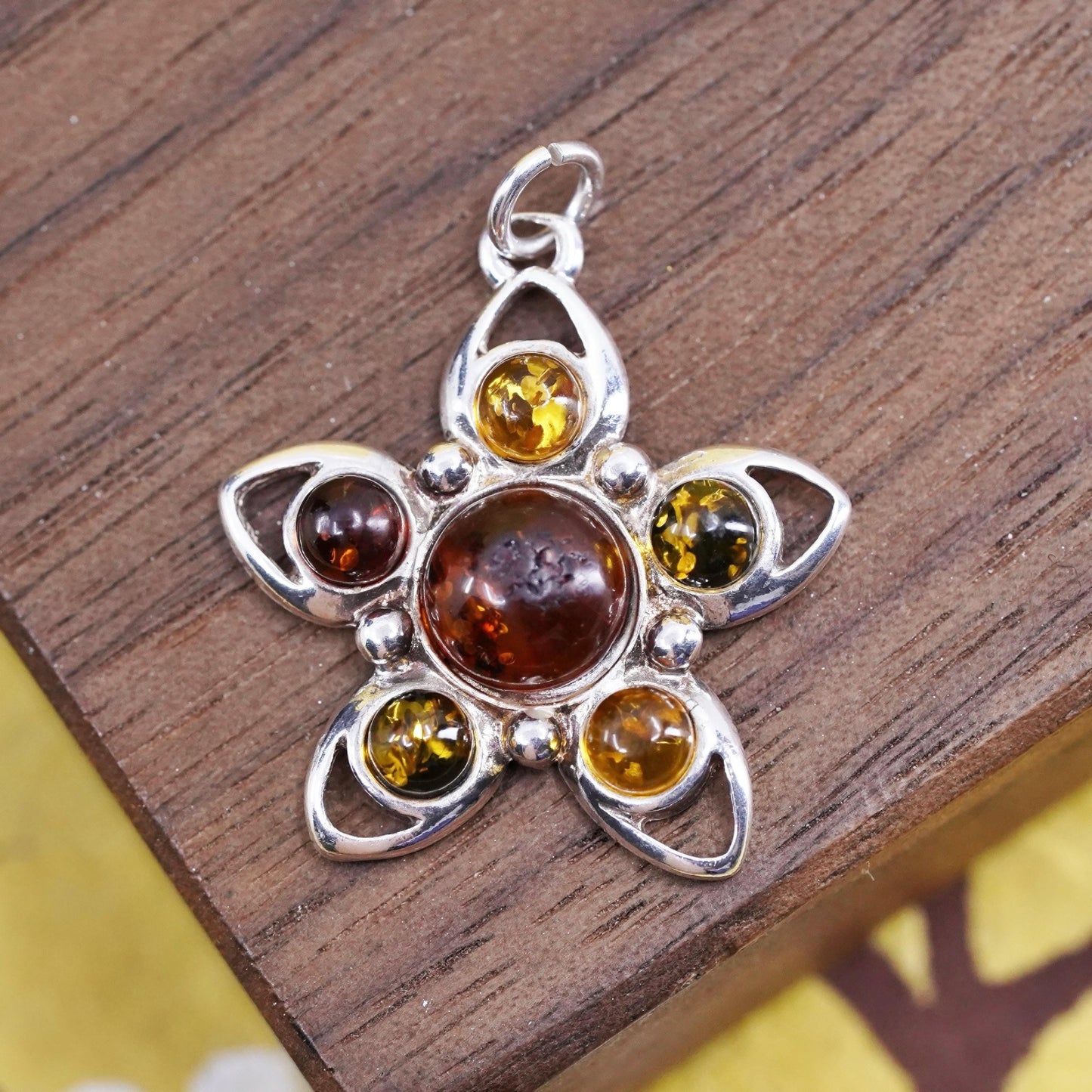 Vintage Sterling 925 silver handmade flower charm pendant with amber