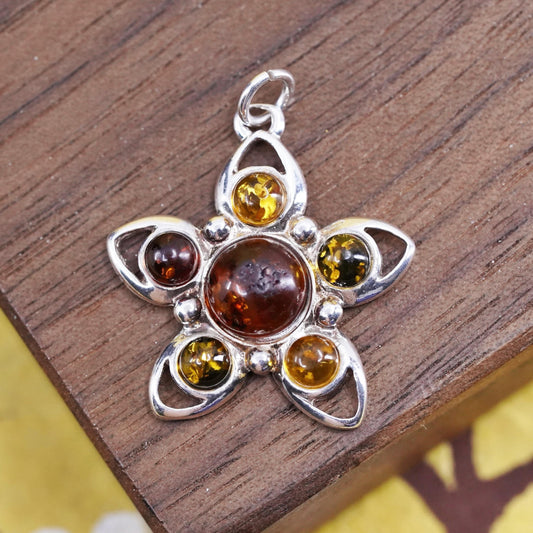 Vintage Sterling 925 silver handmade flower charm pendant with amber
