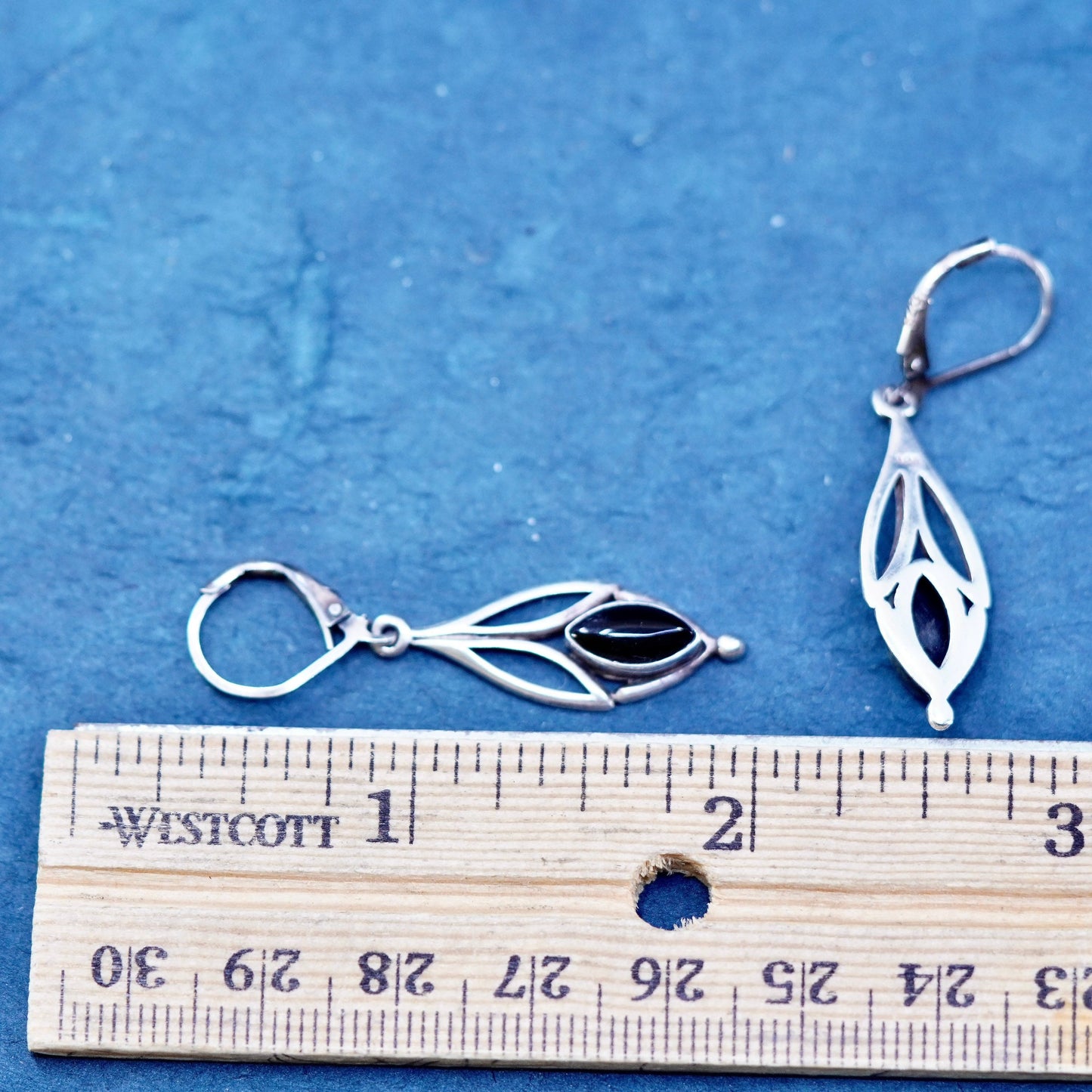Vintage sterling 925 silver handmade earrings with marquise shaped obsidian