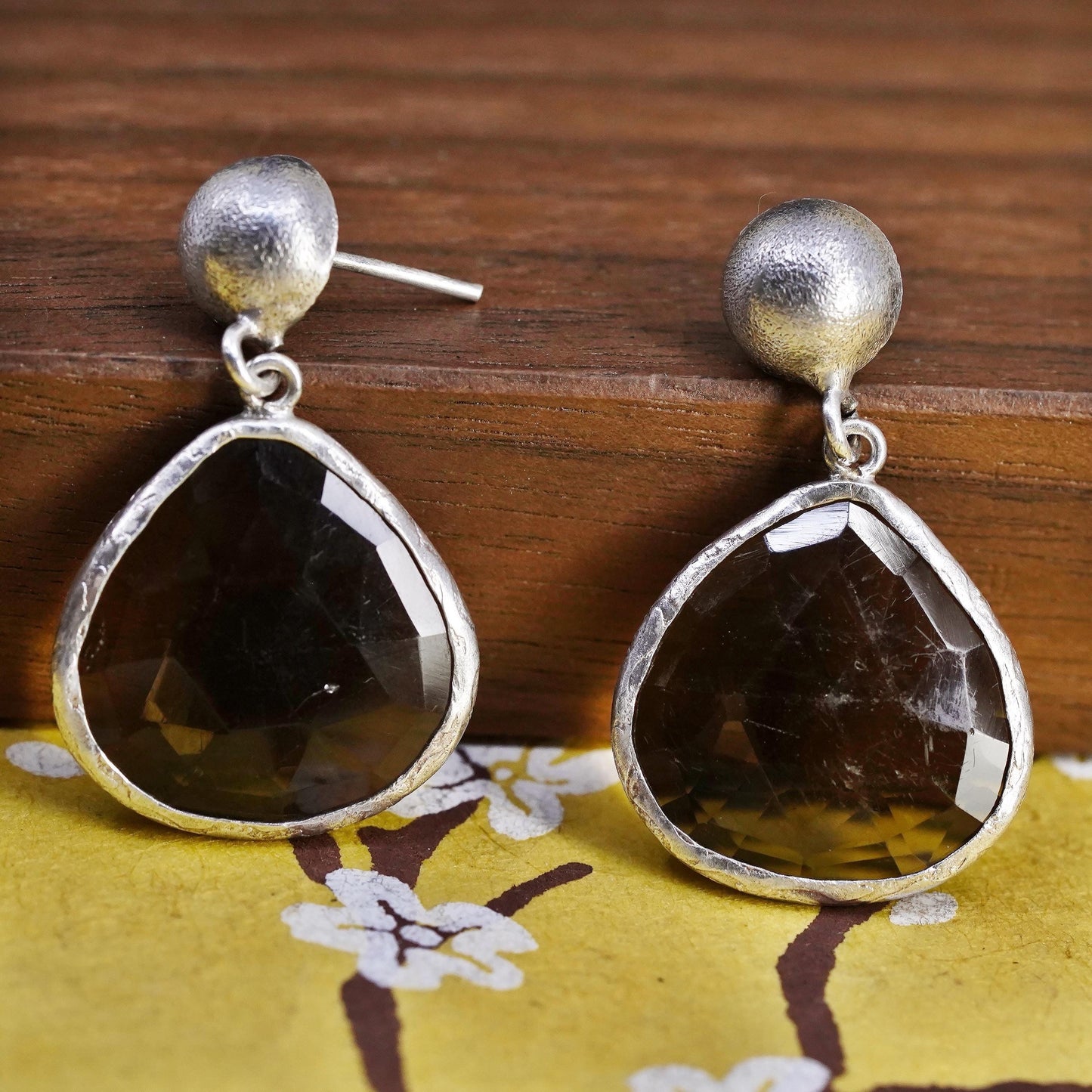 Vintage Sterling 925 Silver Brown Smoky Quartz teardrop handmade Earrings