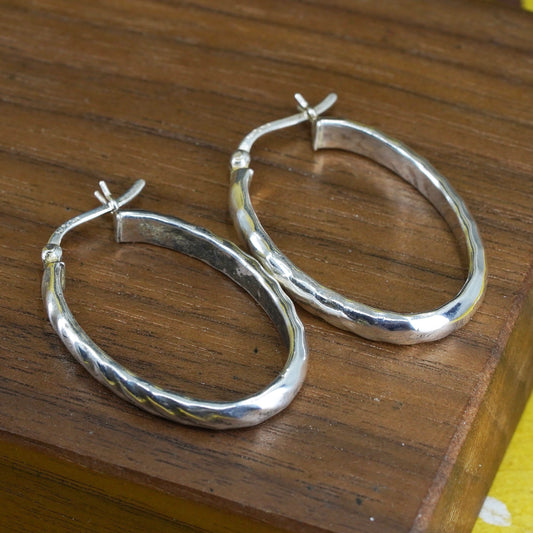 1.25", Sterling silver oval hoop earrings, textured 925 silver huggie