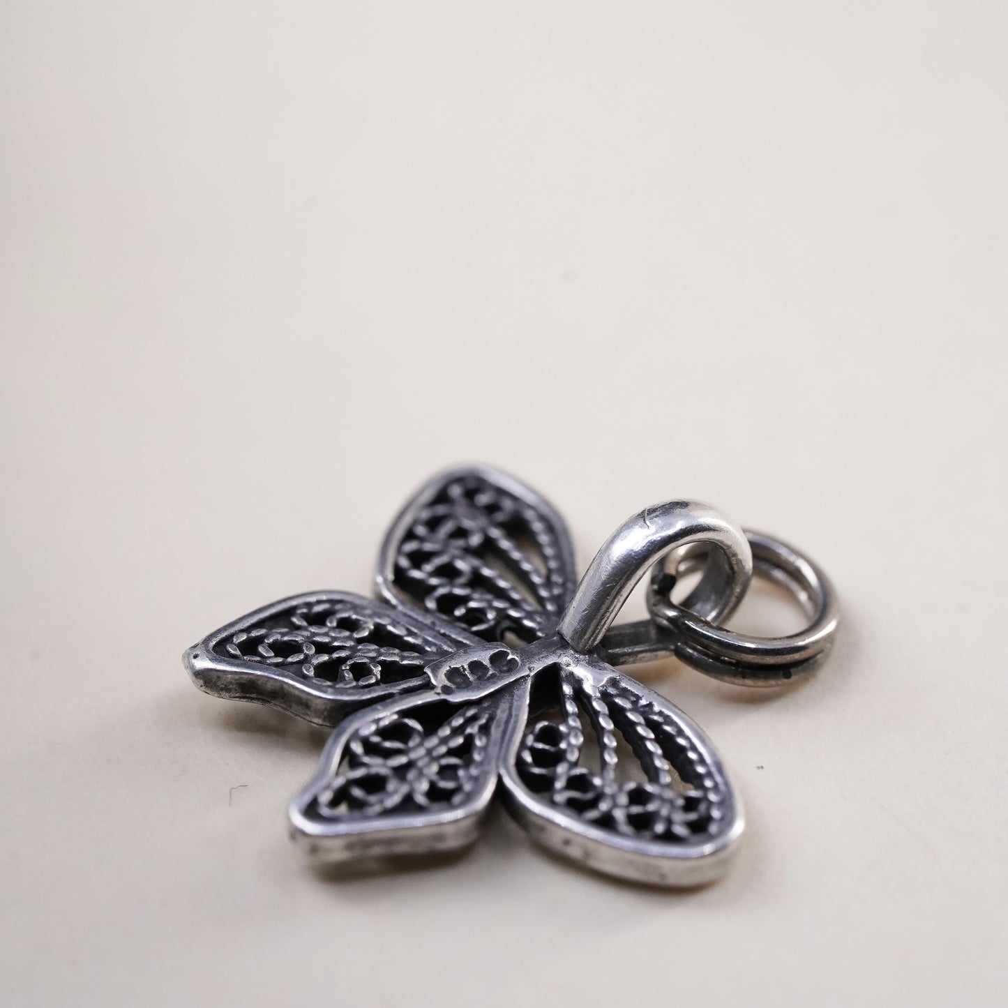 Vintage sterling silver filigree butterfly pendant, 925 handmade charm