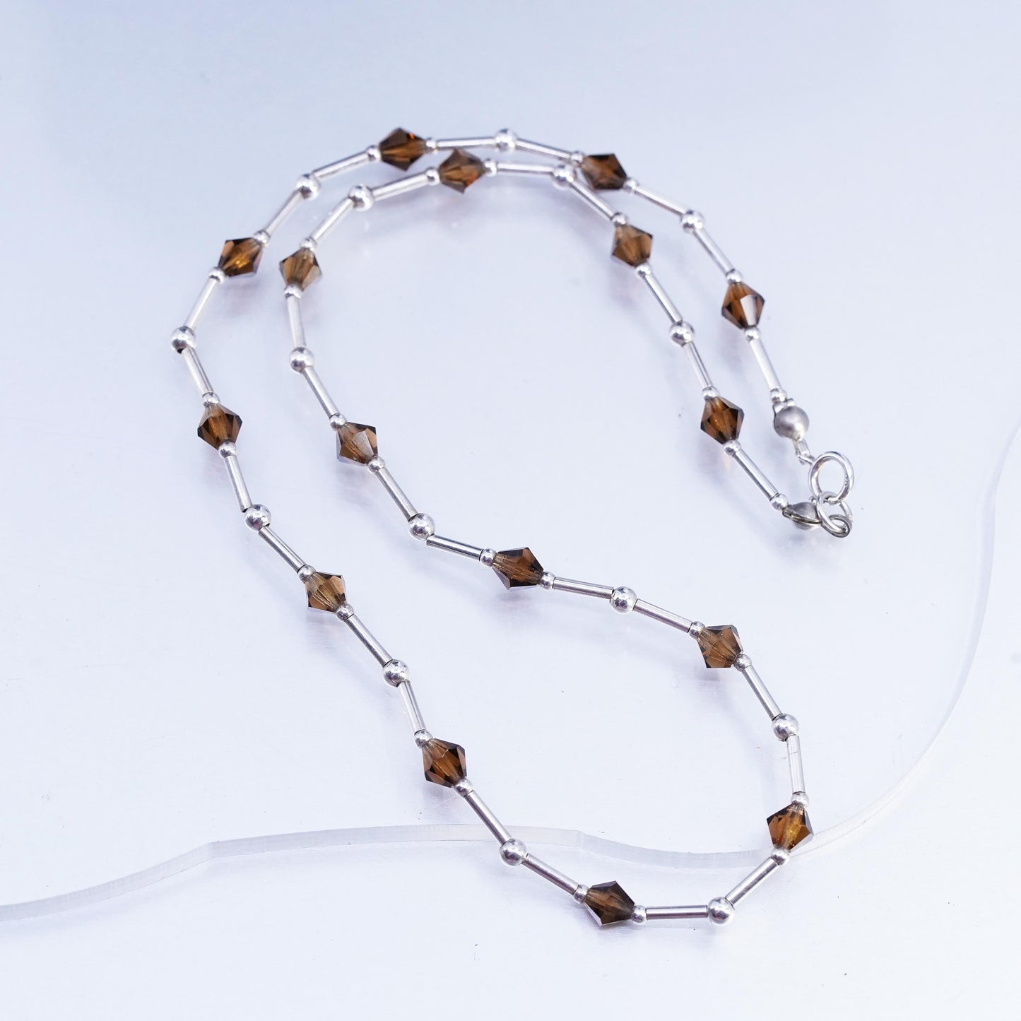 16", Native American Sterling 925 liquid silver necklace brown crystal beads