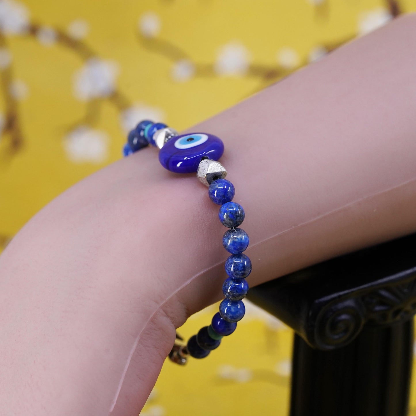 6.75", vintage sterling silver bracelet with blue evil eye lapis lazuli beads