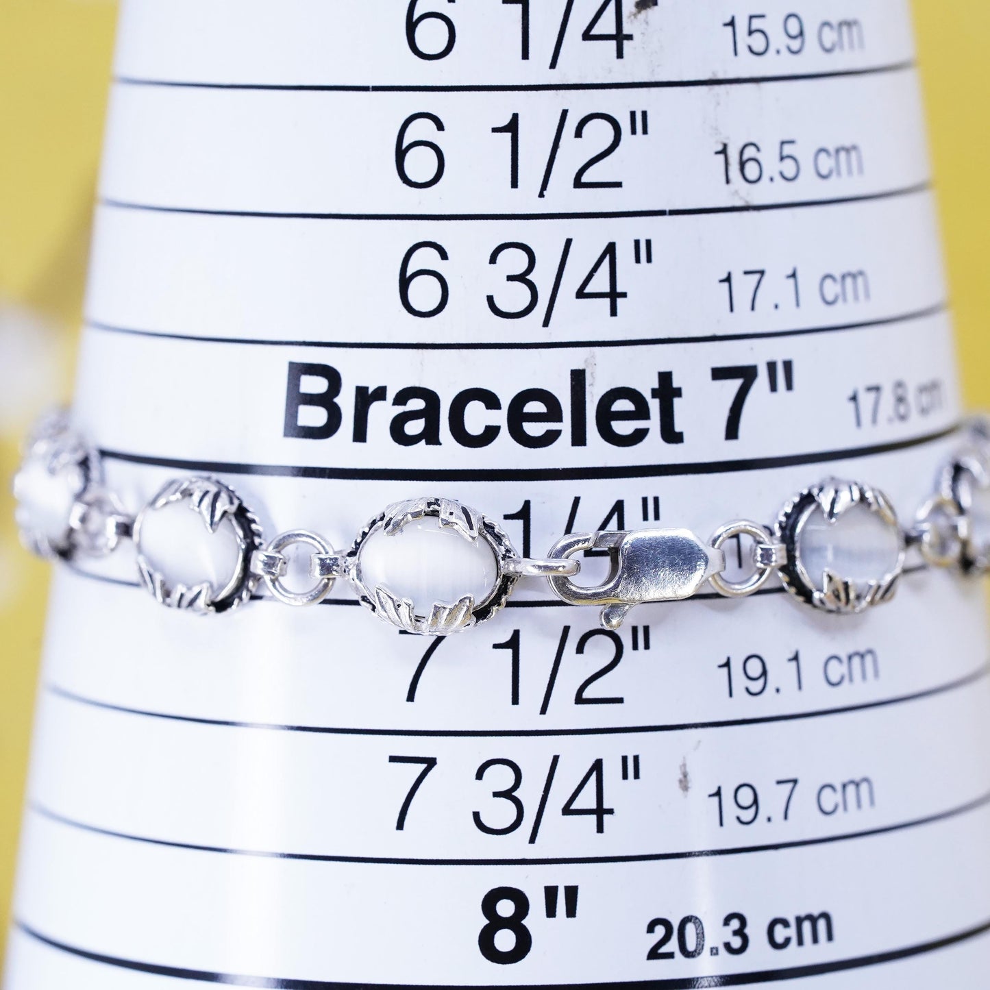 7.25”, vintage Sterling 925 silver beads bracelet with white cat eye beads