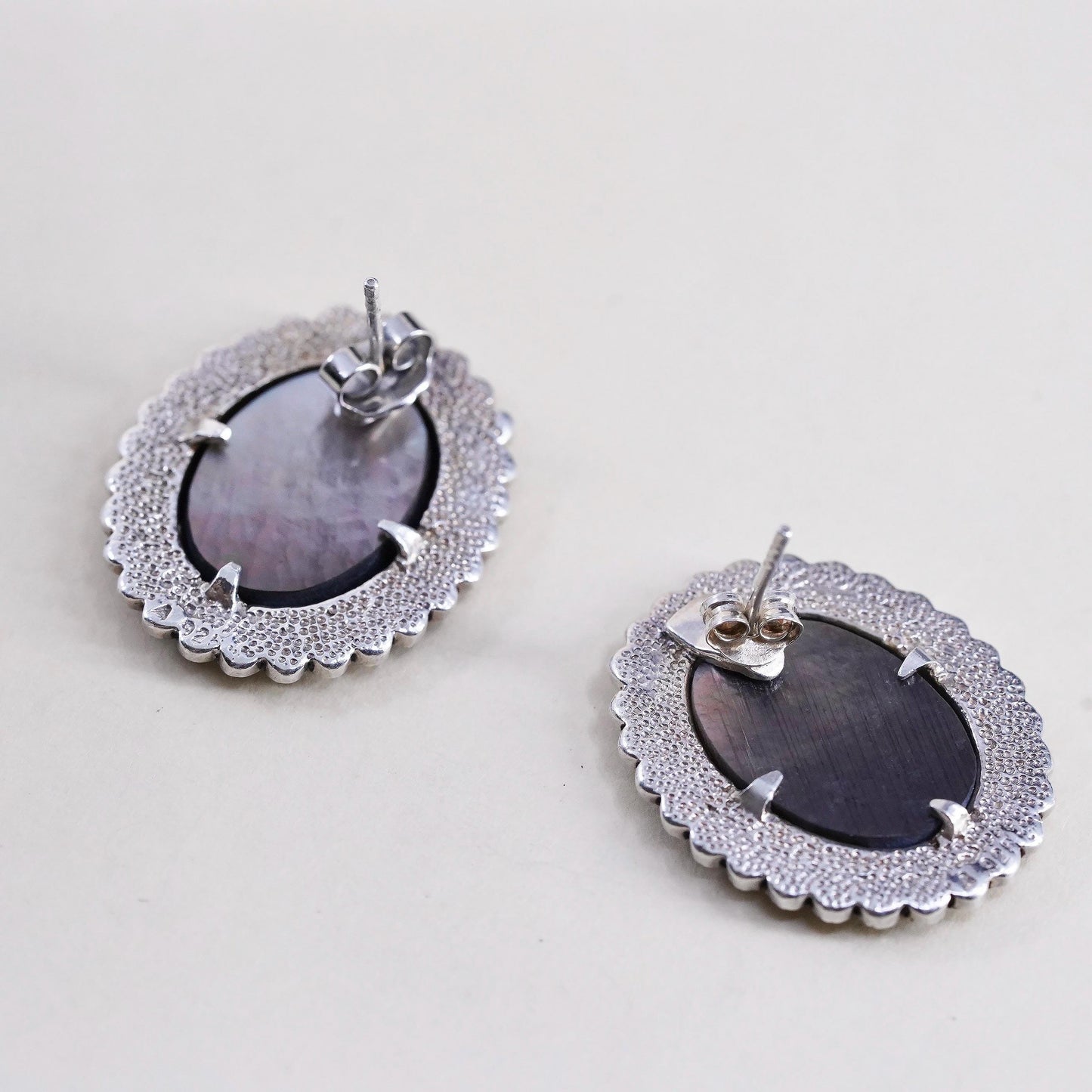 925 Sterling Silver Cameo Earrings, Marcasite Earrings, Mother of Pearl Studs