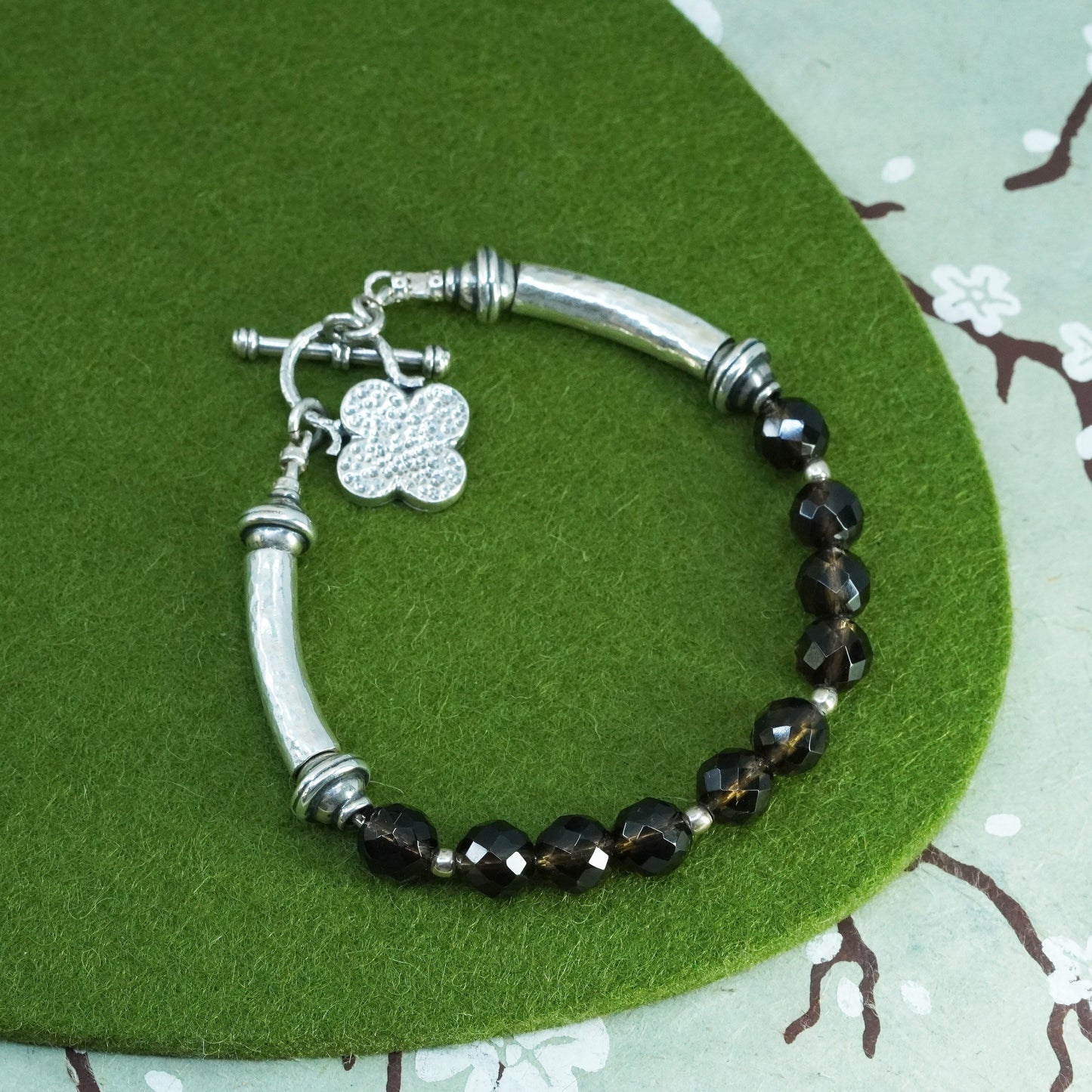 7.25”, Sterling silver handmade bracelet, 925 bar flower charm crystal beads