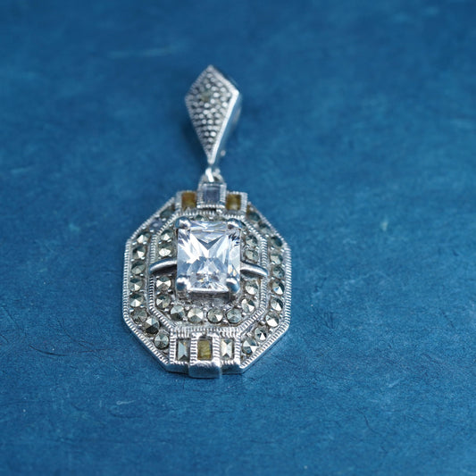 Vintage sterling 925 silver handmade pendant with cz and marcasite