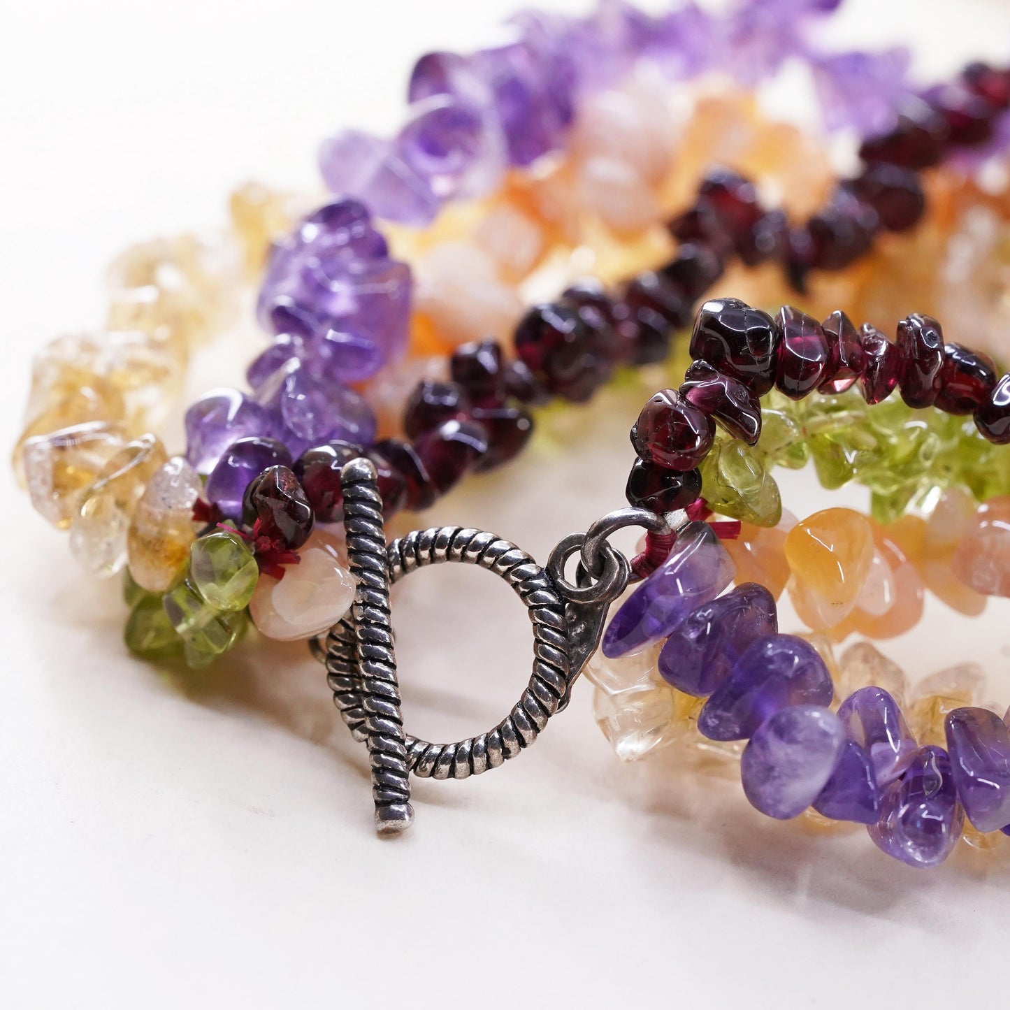 8.5”, multi strands amethyst peridot citrine agate sterling 925 silver bracelet