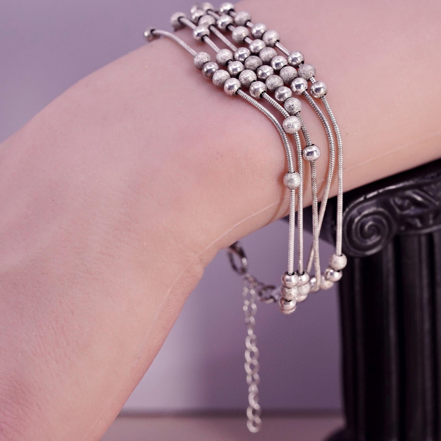 7+2”, vintage Sterling silver bracelet, 925 multi 5 strands snake chains beads