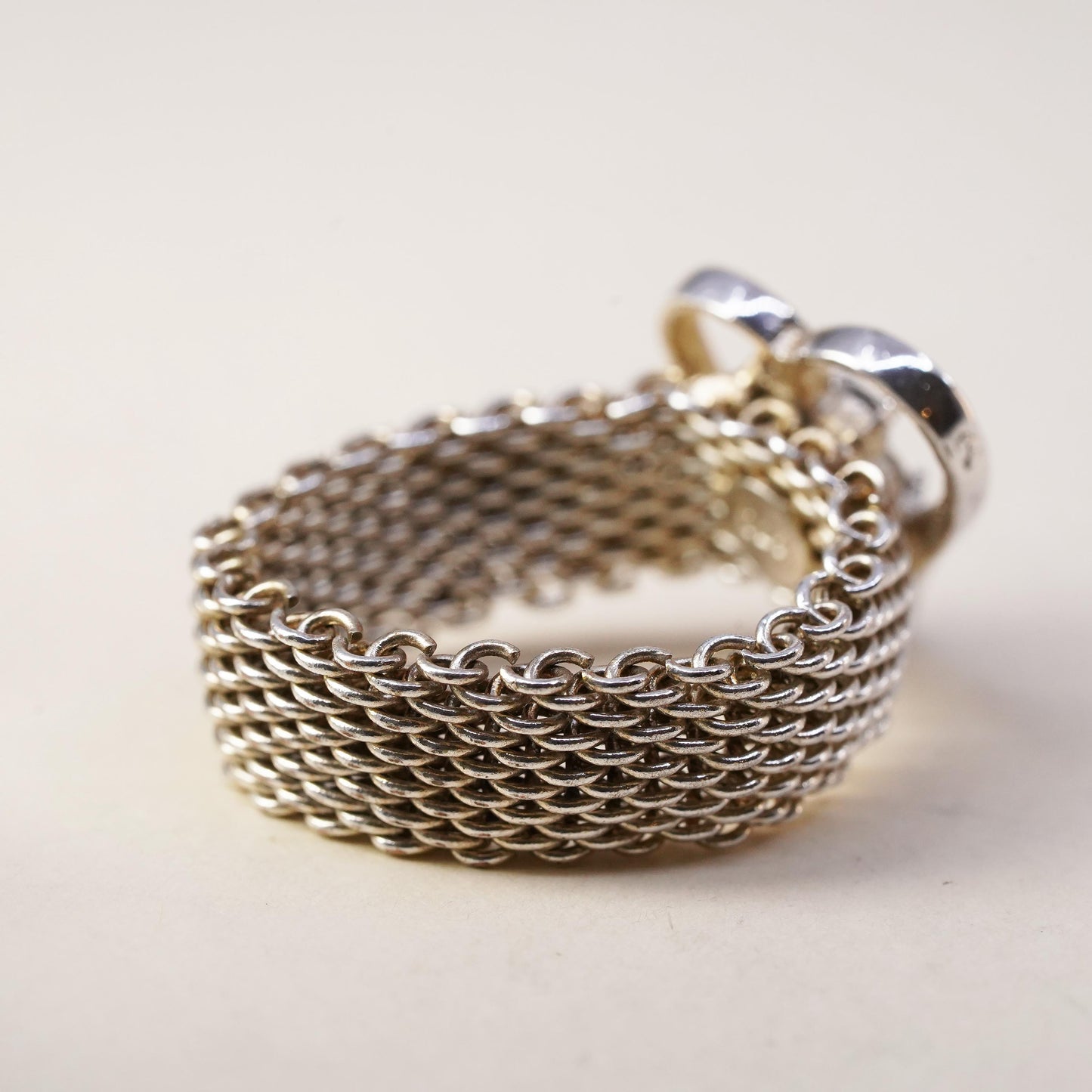 Size 8.25, Vintage sterling silver mesh chain ring, 925 band with heart and cz