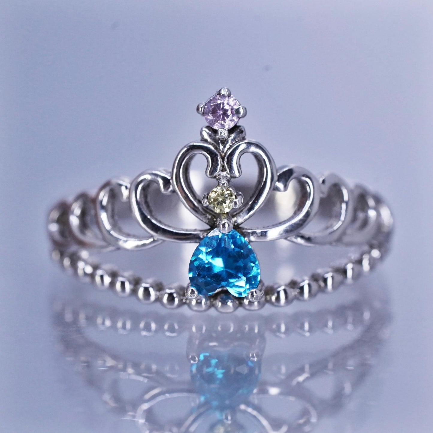 Size 7, Sterling 925 silver crown ring with blue topaz always my princess