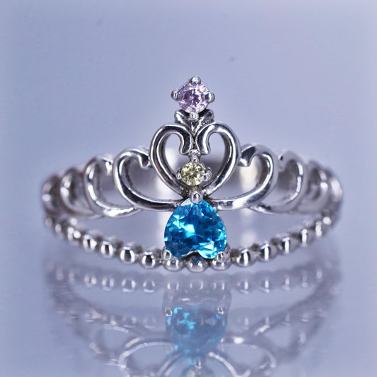 Size 7, Sterling 925 silver crown ring with blue topaz always my princess
