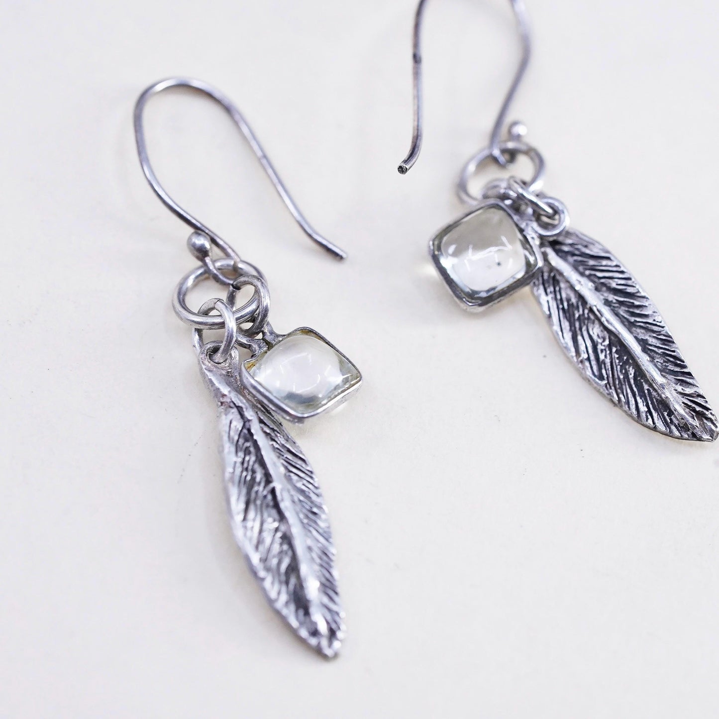 Vintage southwestern Sterling silver earrings, 925 feather with crystal charms