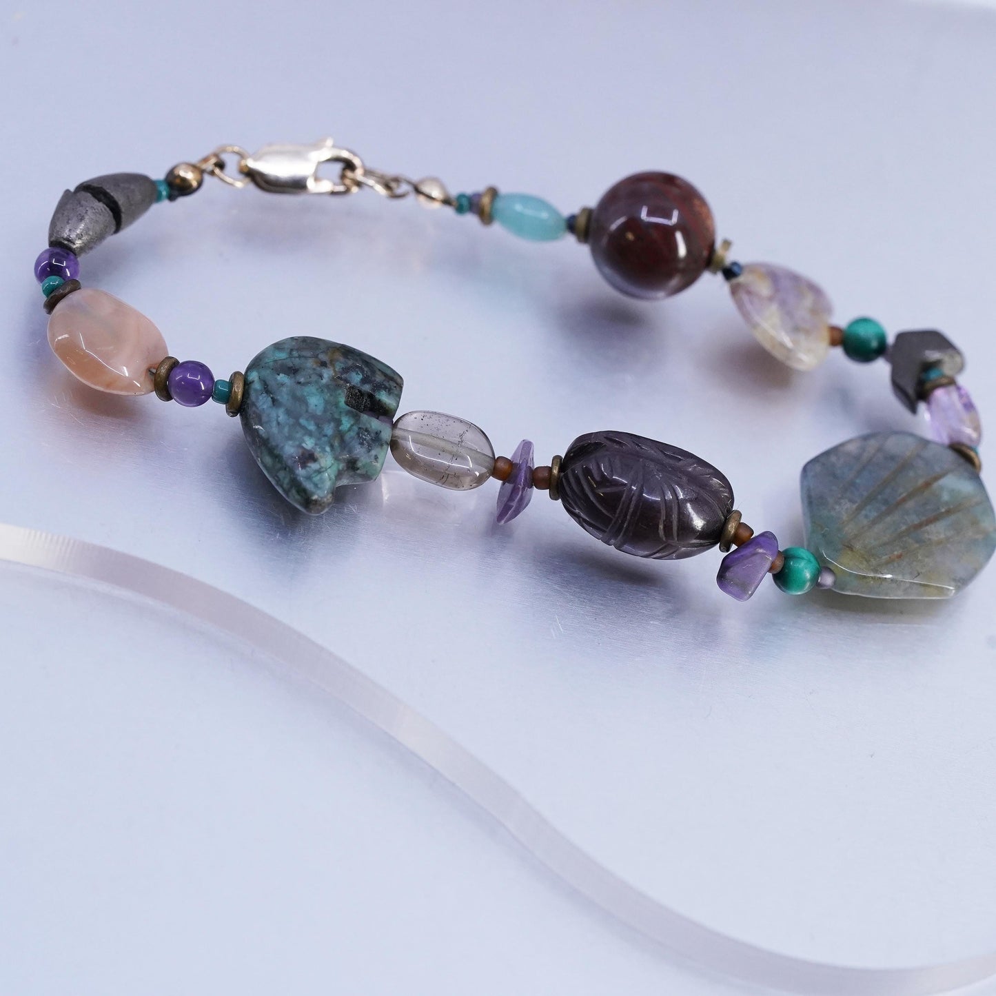 7.5", southwestern bracelet with curved turquoise bear, turtle moss agate shell