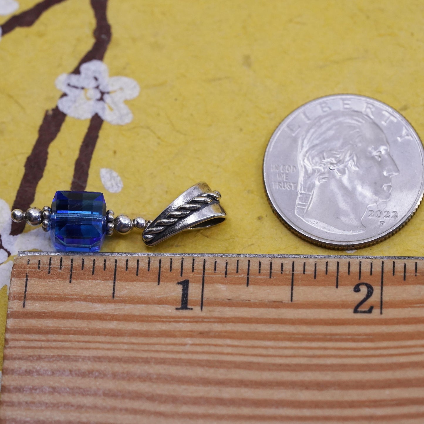 Vintage Sterling silver handmade pendant, 925 silver with blue crystal cube
