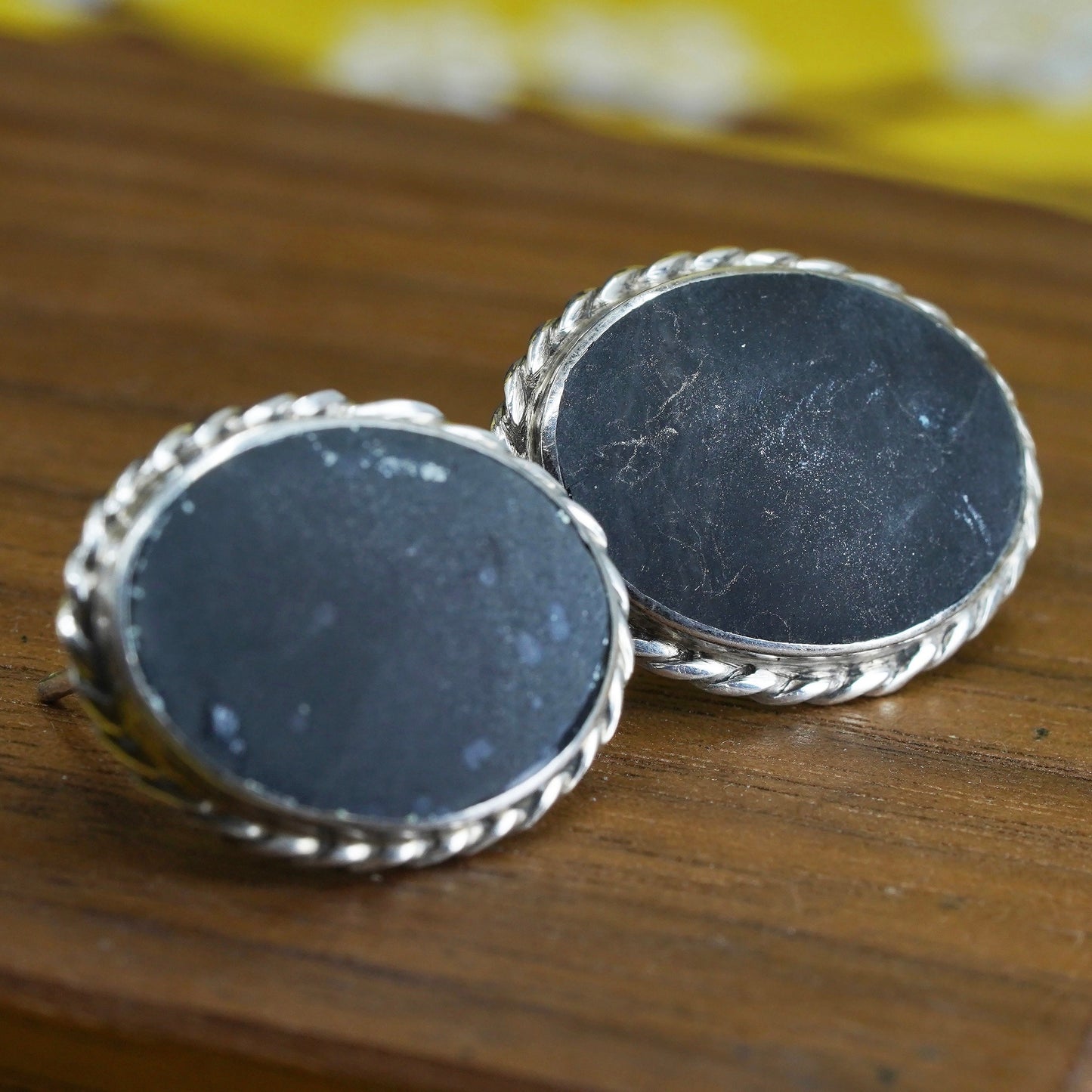 Vintage Sterling silver handmade earrings, oval studs with volcano ash stone