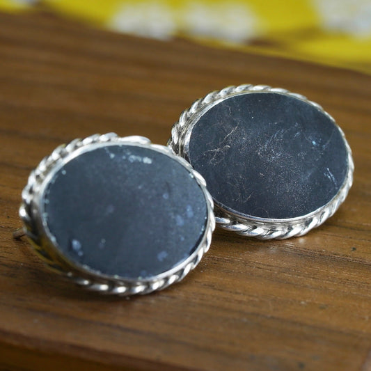Vintage Sterling silver handmade earrings, oval studs with volcano ash stone