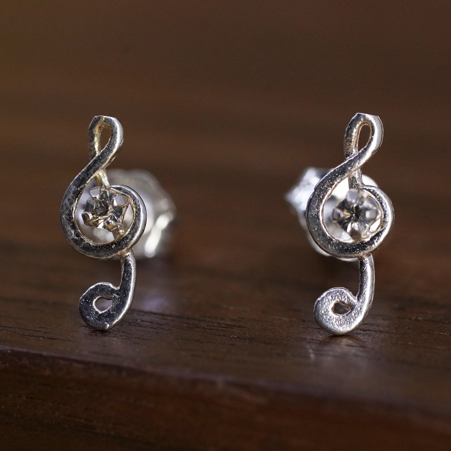 Vintage Sterling silver handmade earrings, 925 music note studs with cz