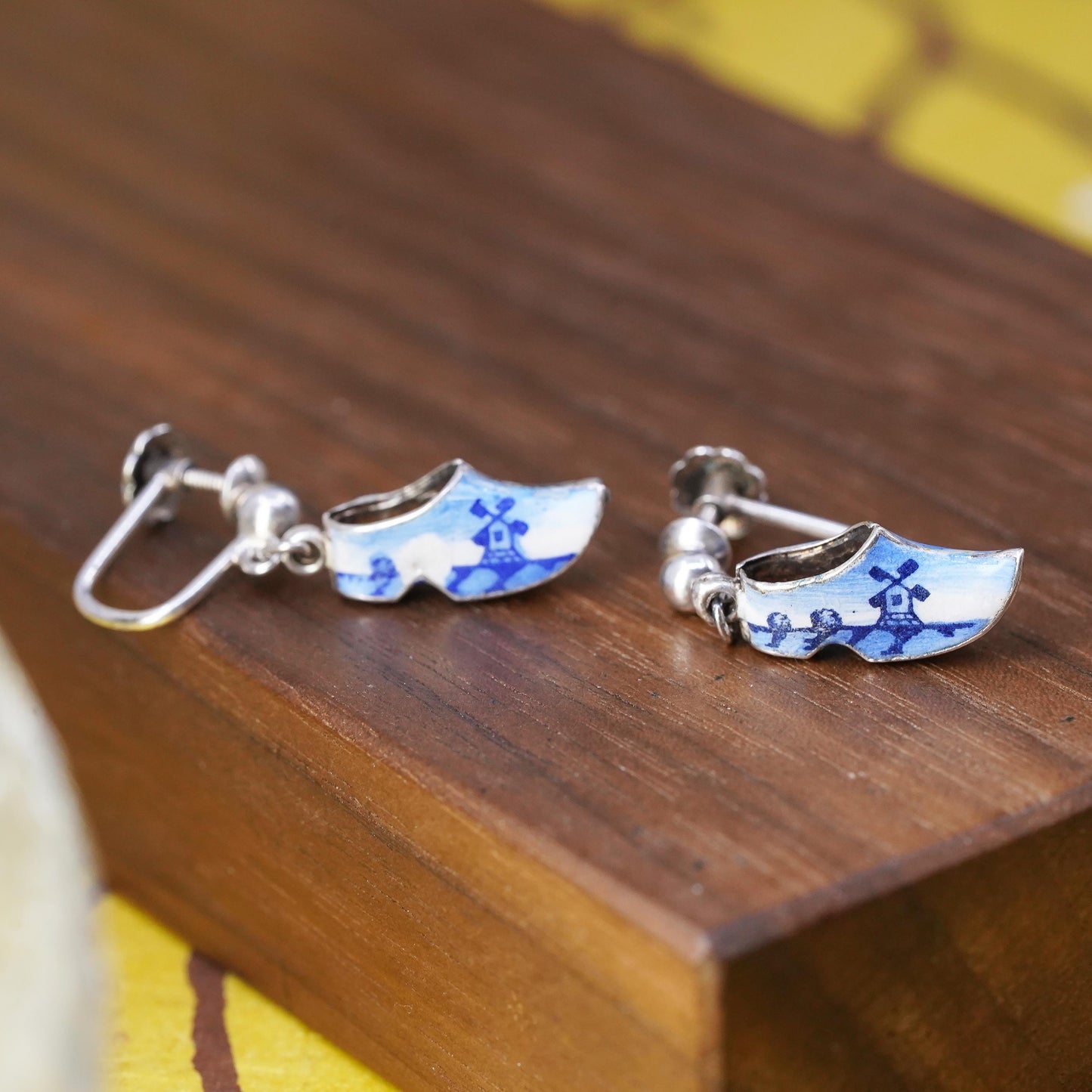 sterling silver handmade earrings, 925 Dutch wooden enamel shoes, symbol