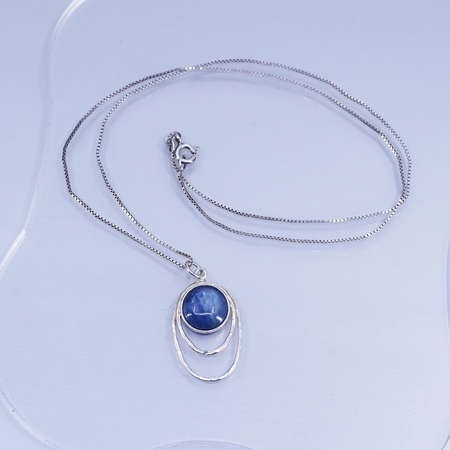 20”, vintage Israel RL Sterling 925 silver box necklace blue crystal pendant