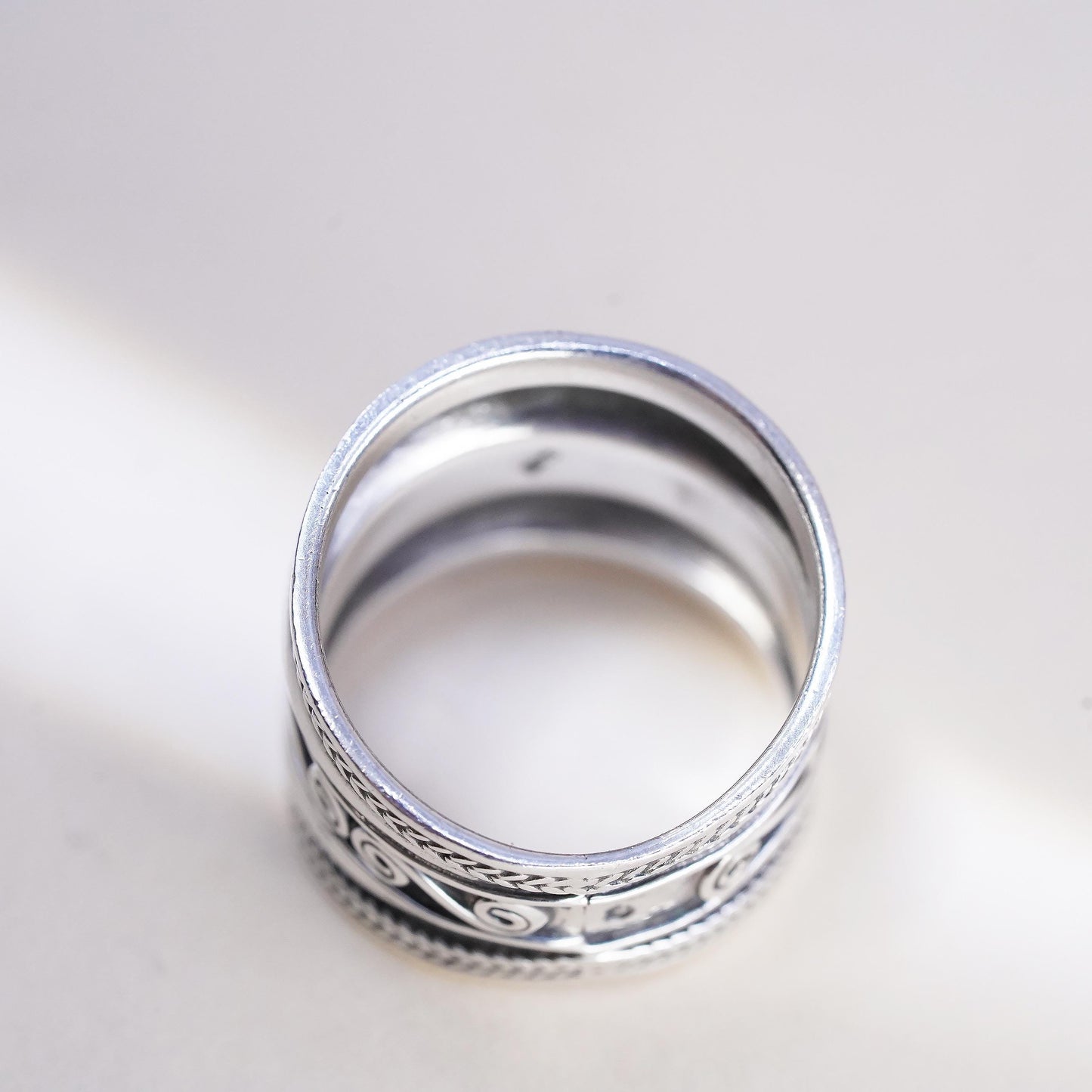 Size 8.5, Wide Sterling Silver Band Ring, Scroll Filigree Ring, Bohemian Unisex
