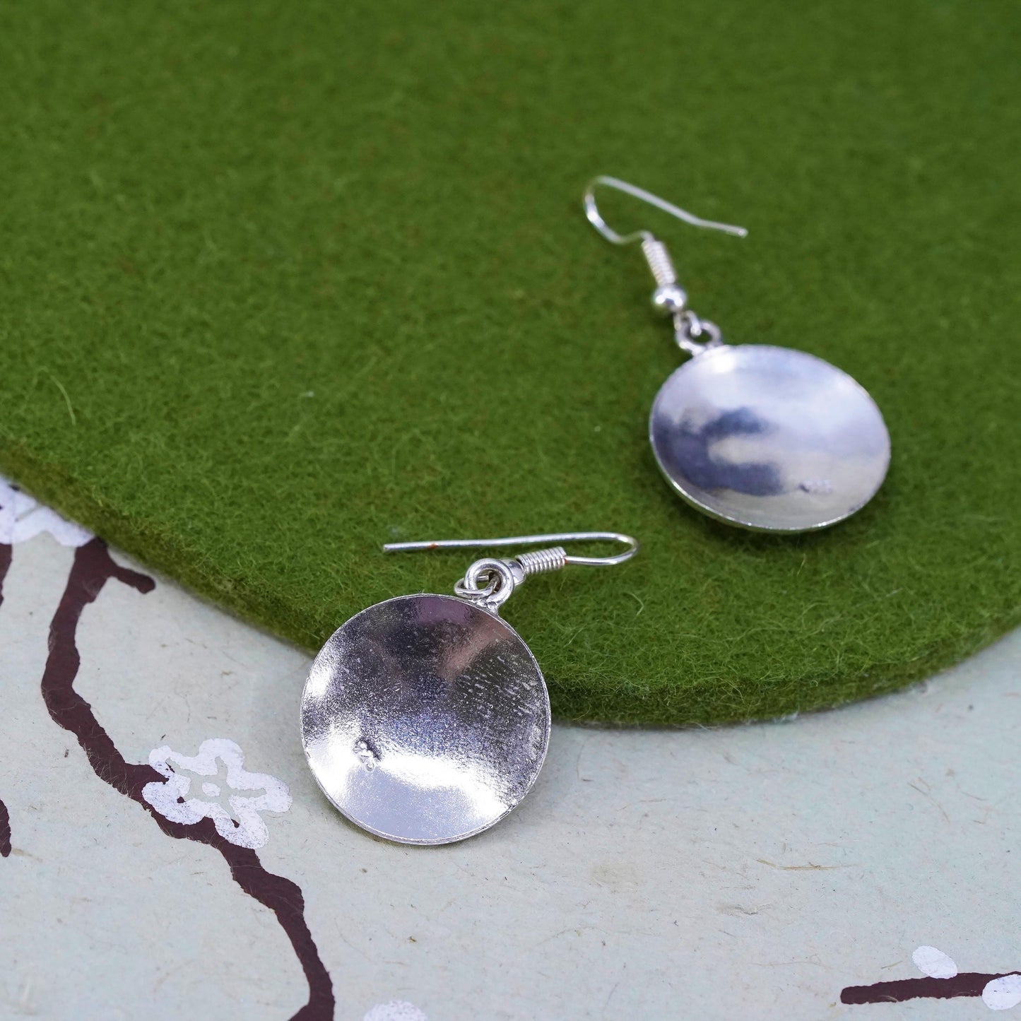 Vintage sterling silver handmade earrings, 925 circle with Mayan calendar