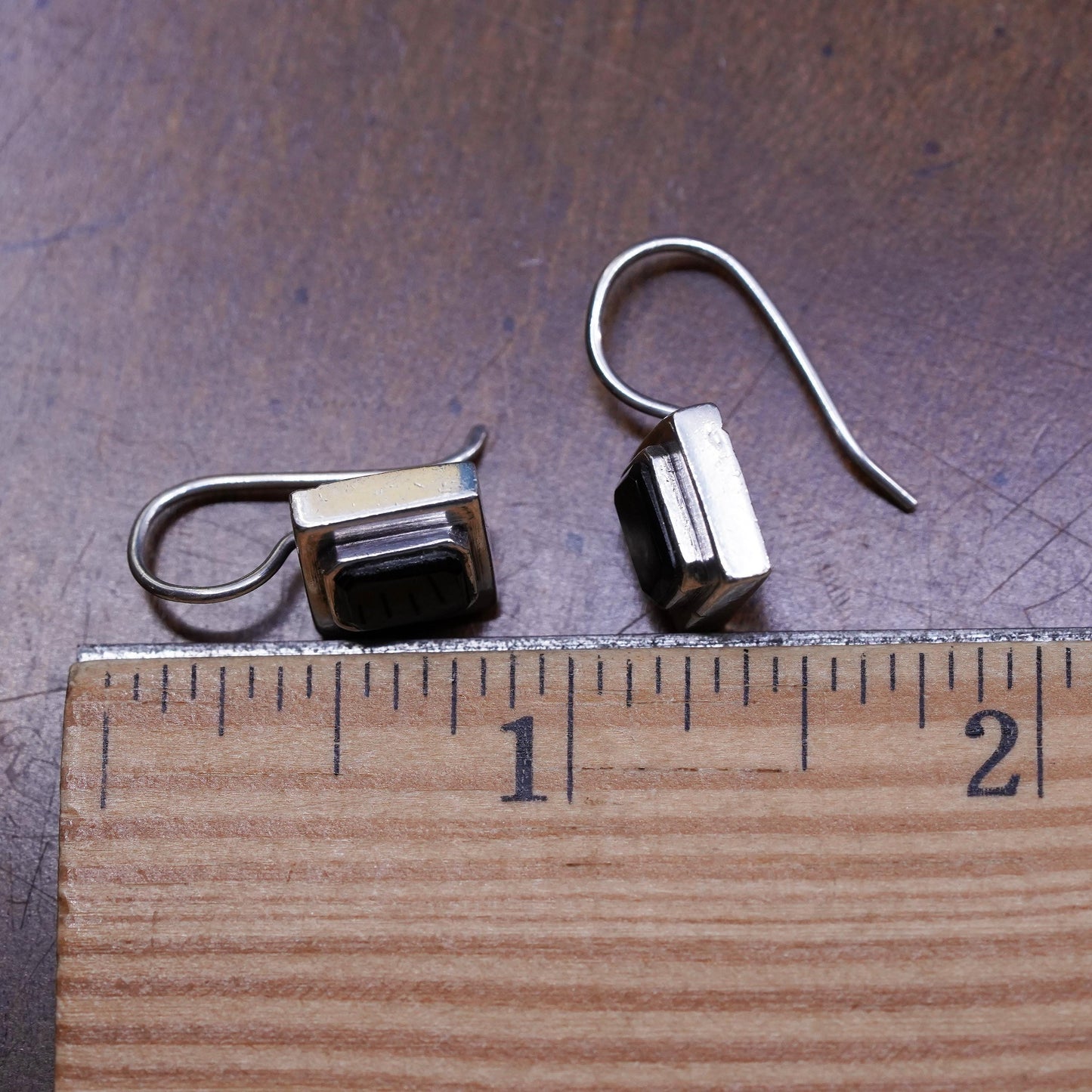 Vintage Sterling Silver 925 handmade earrings with square Black Onyx