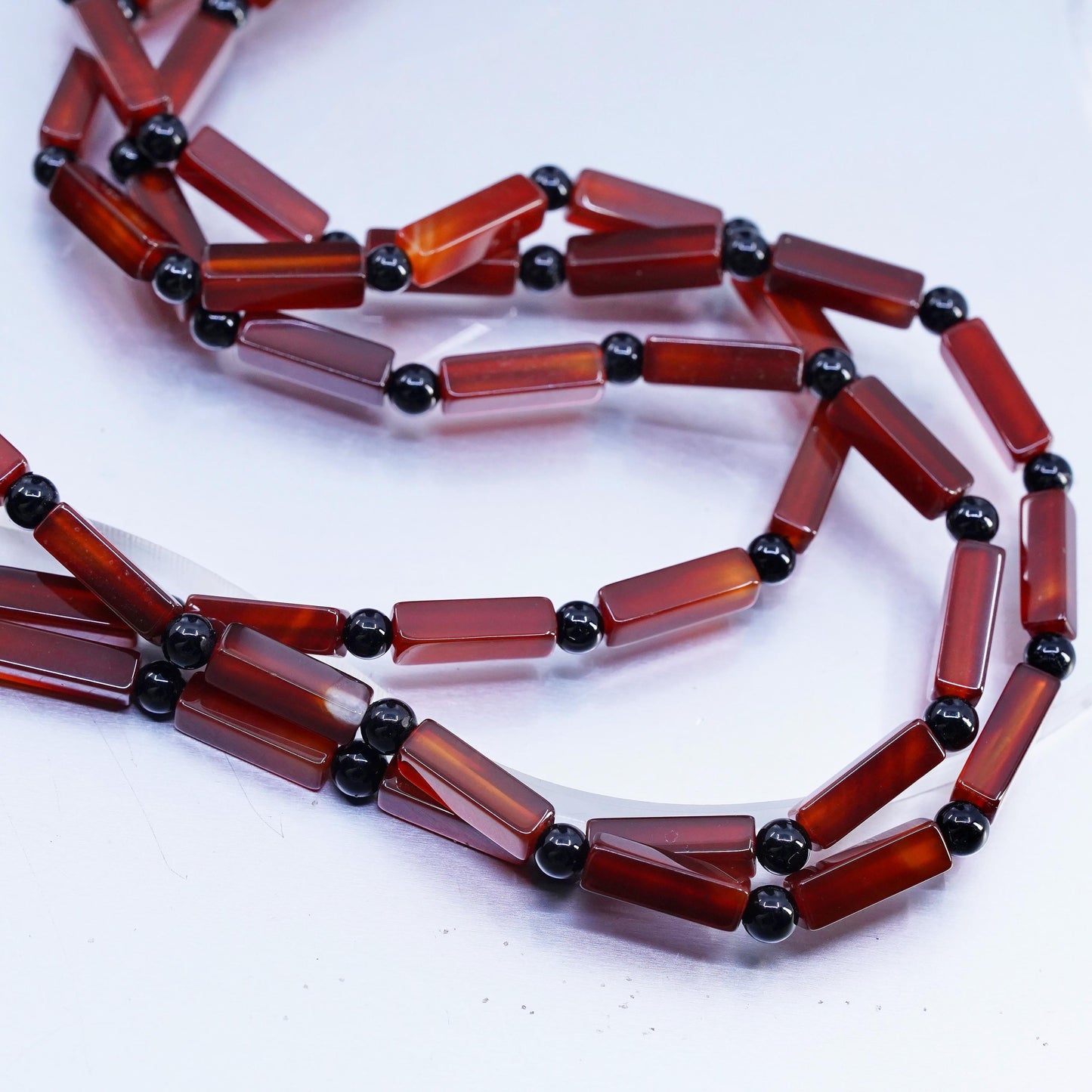 18" Sterling 925 Silver Multi Strands carnelian tube Necklace black onyx beads