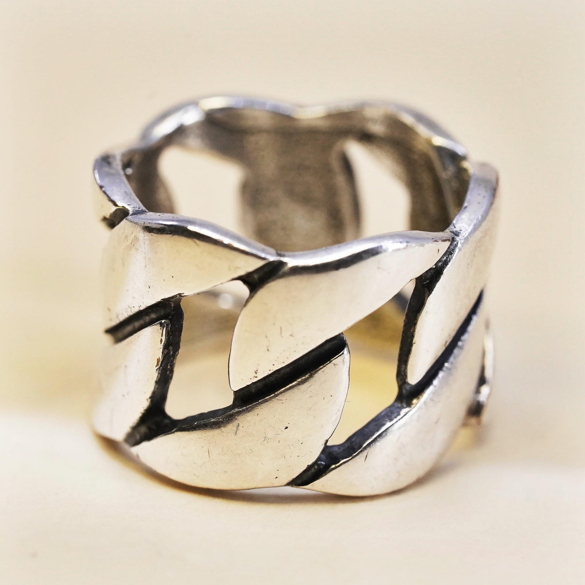 Size 6, Sterling Silver 925 Wide Open Link Chain Ring, Chunky Modernist Band