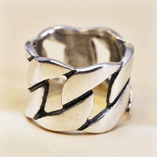 Size 6, Sterling Silver 925 Wide Open Link Chain Ring, Chunky Modernist Band