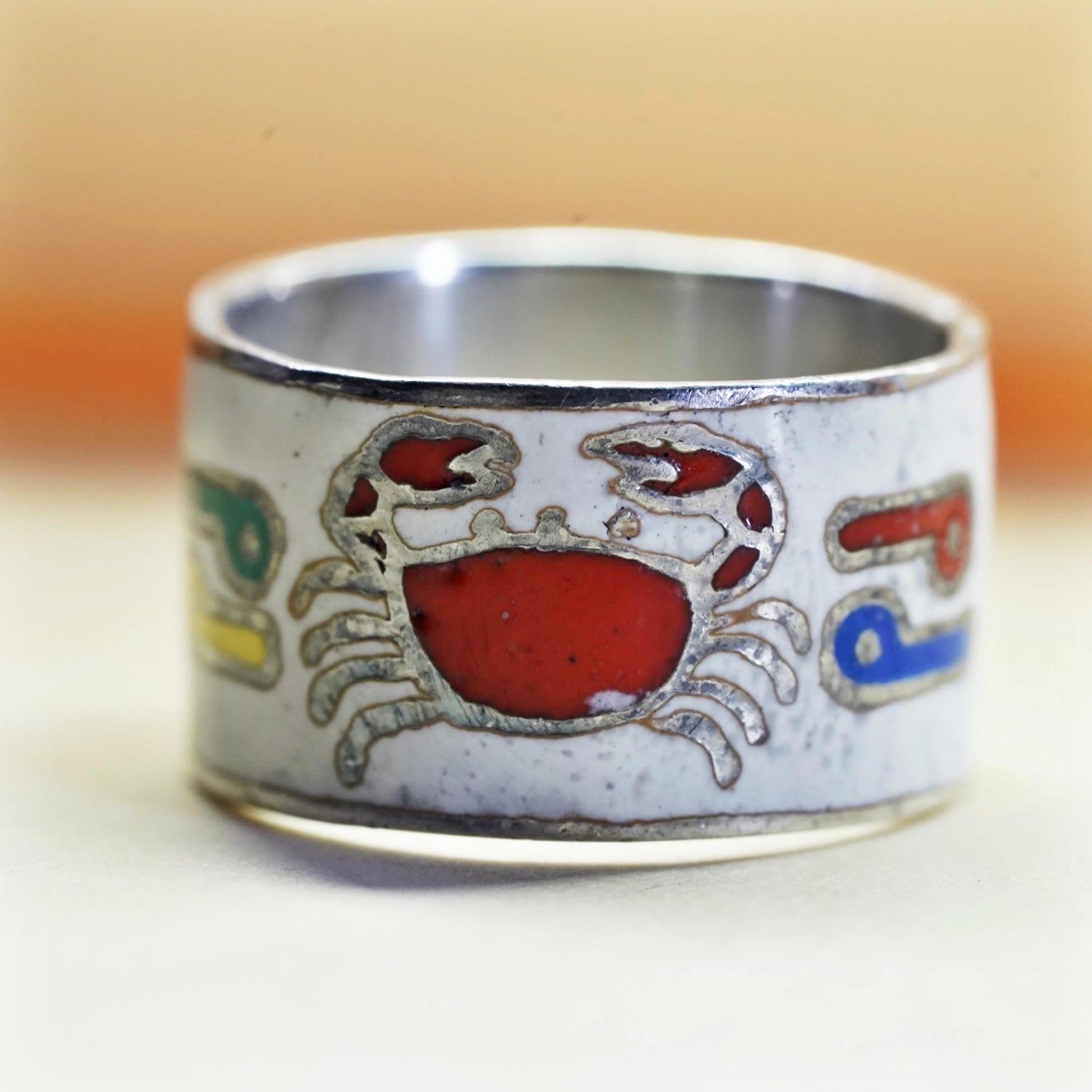 Size 4, vintage Sterling silver ring, 925 enamel tribal folk art statement band