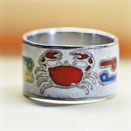 Size 4, vintage Sterling silver ring, 925 enamel tribal folk art statement band