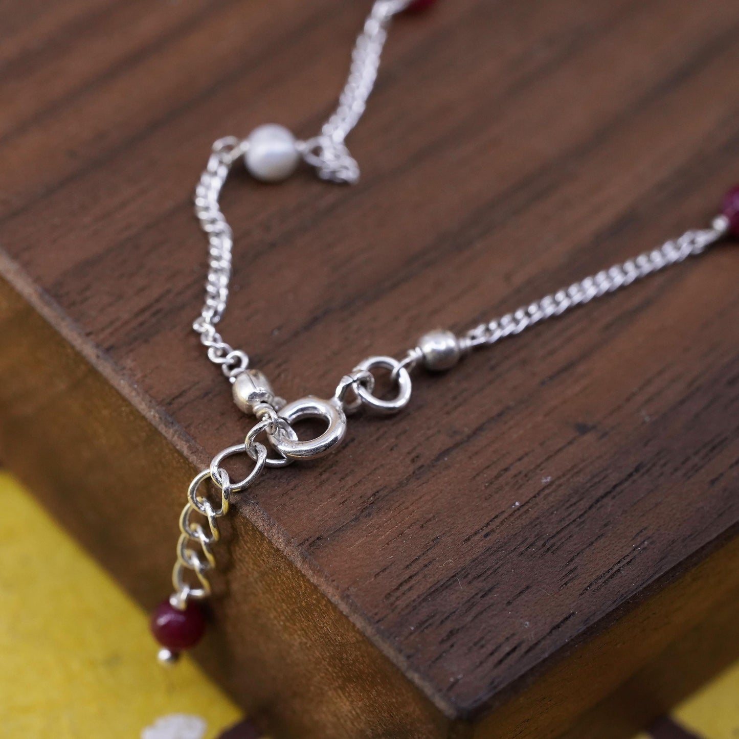 11.75", vintage Sterling silver curb chain, Italy 925 anklet pearl ruby beads