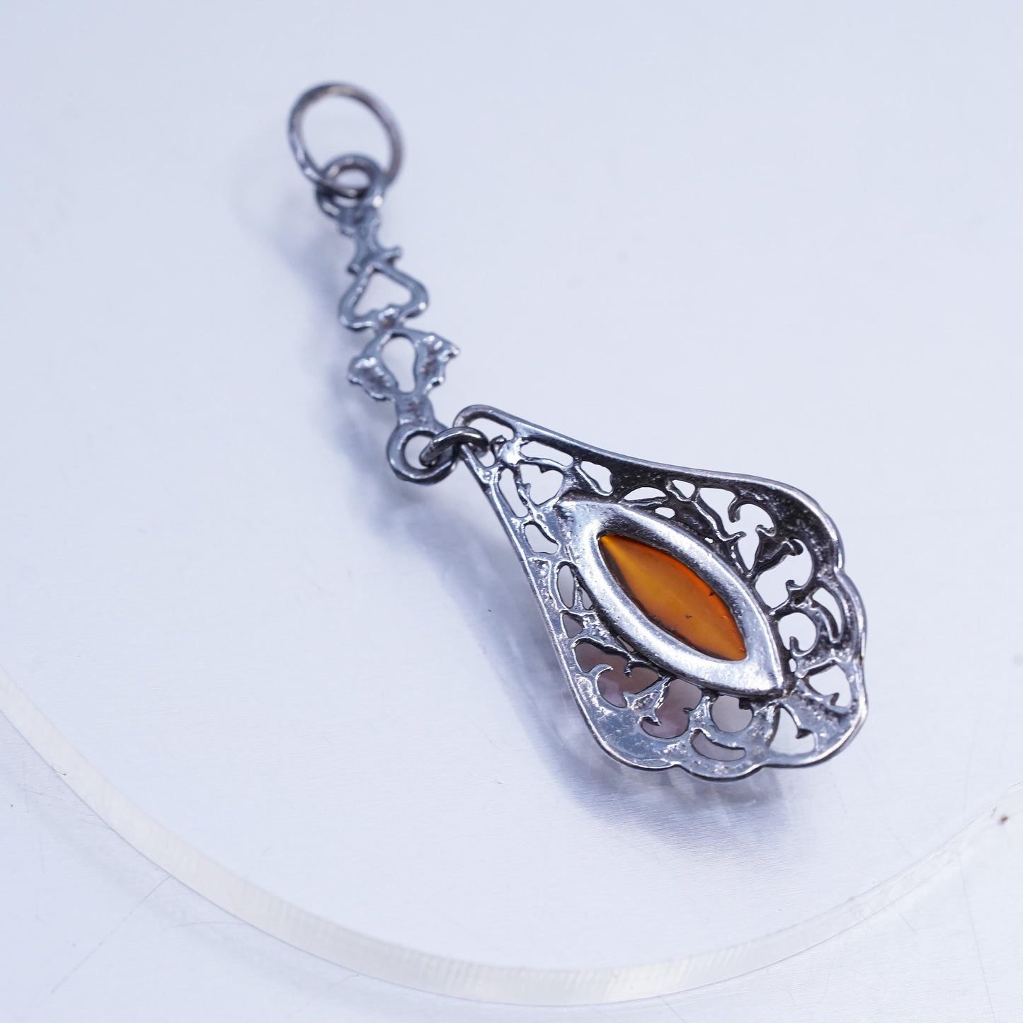 Vintage sterling 925 silver handmade filigree pendant with amber