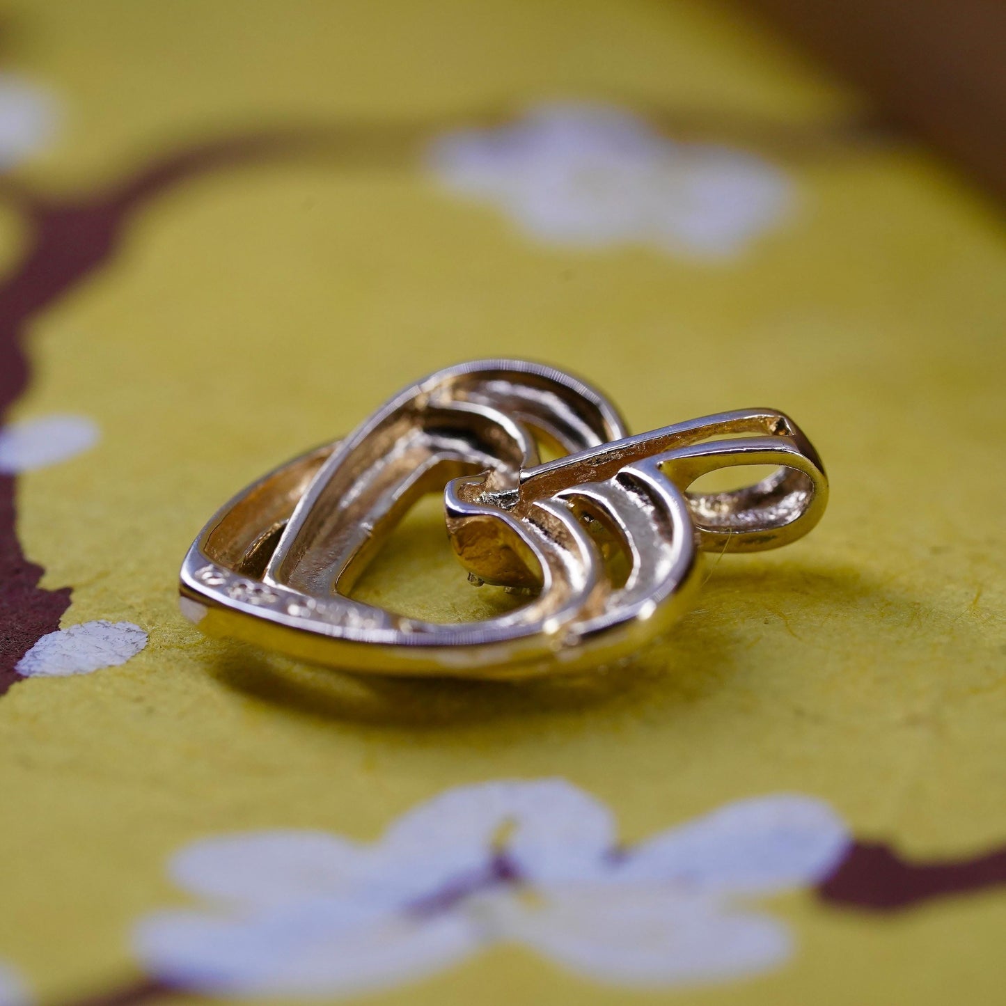 Vintage gold over sterling silver pendant, 925 double hearts genuine diamond