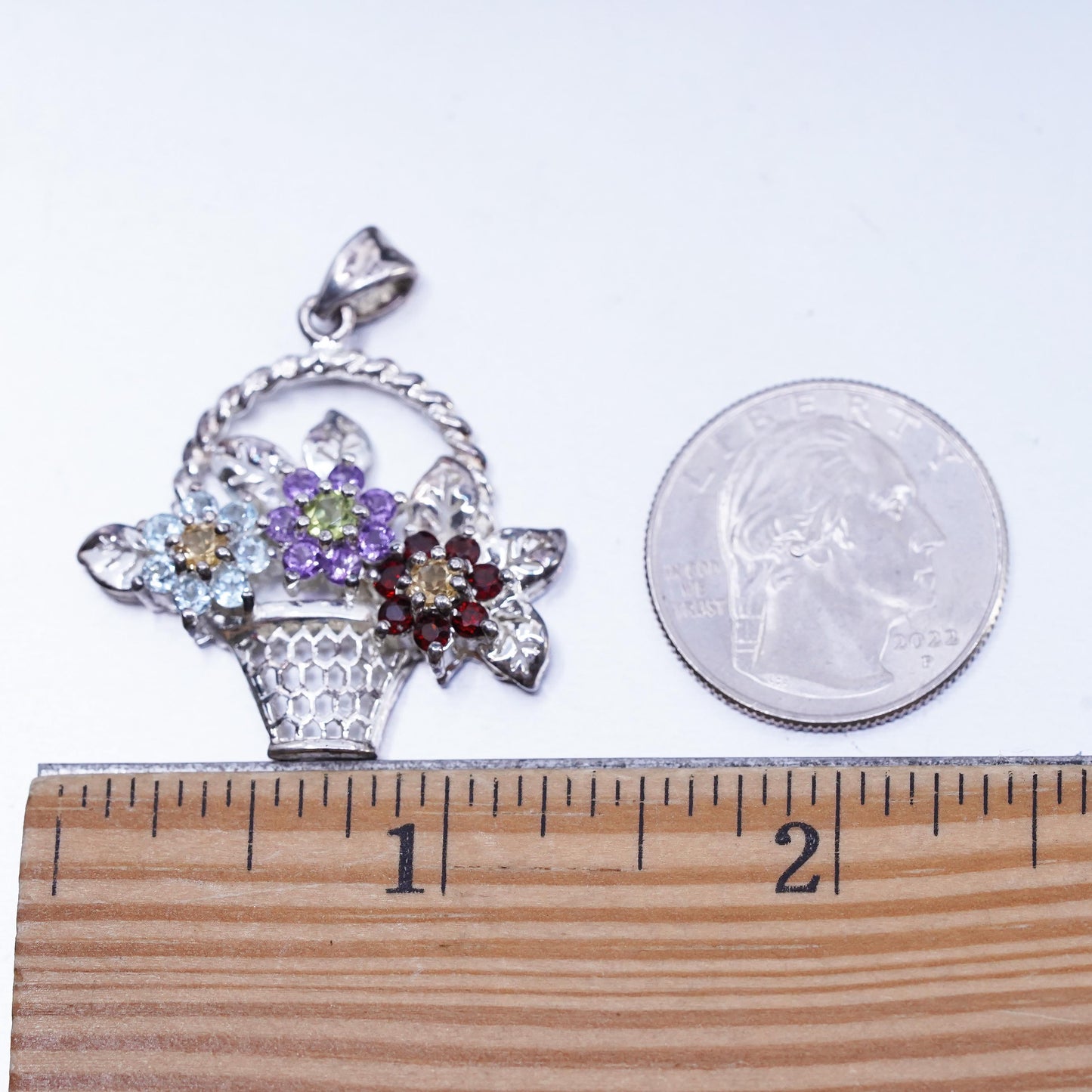 Vintage Sterling 925 Silver Flower Basket Pendant Multi Gemstone Floral Bouquet
