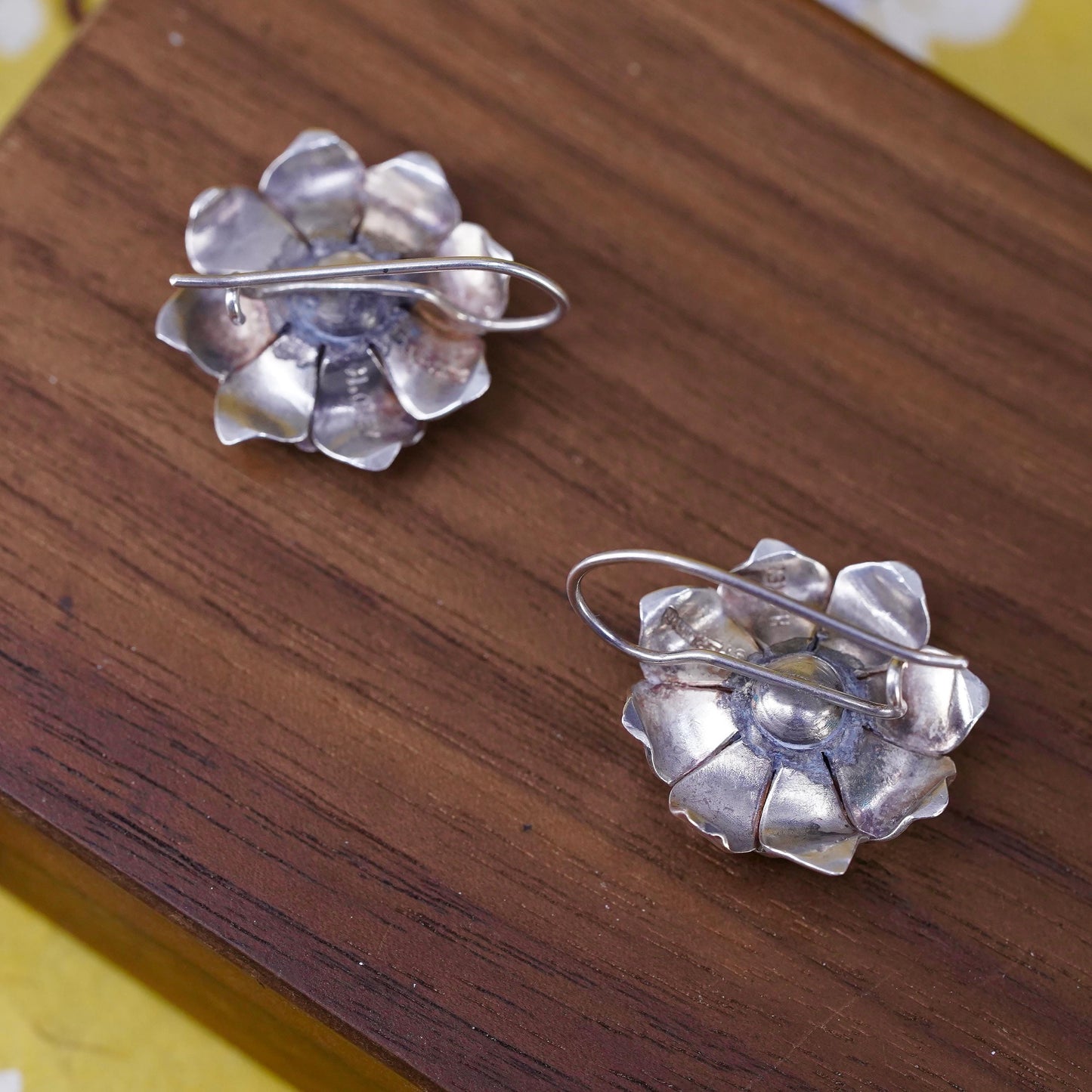 Vintage H. OKEY Sterling silver earrings, 925 flower dangles blue rhinestones