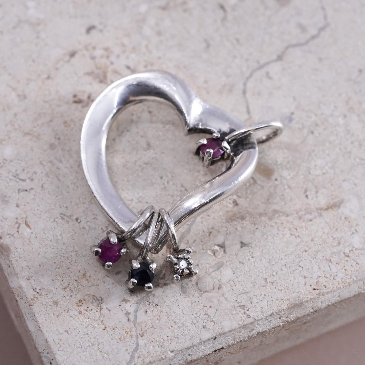 Lenox Sterling Silver Sliding ruby diamond Charm Pendant Heart Multi Birthstone