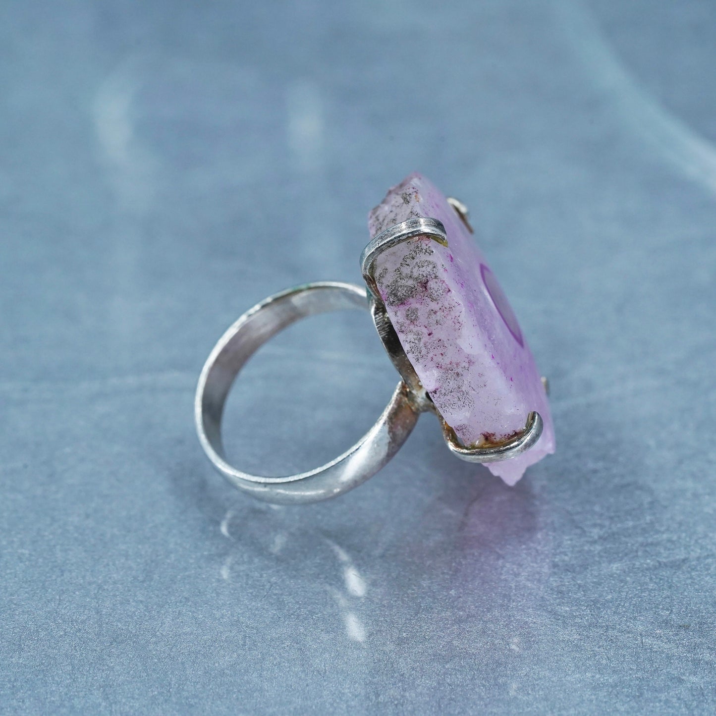 Size 7.25, vintage Sterling 925 silver handmade statement ring with pink agate