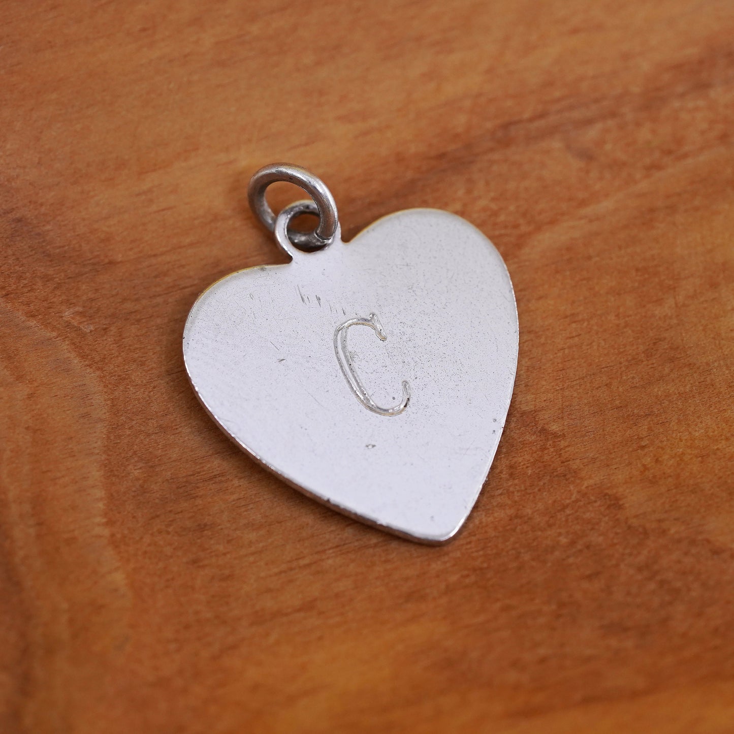 Vintage Sterling silver handmade charm, 925 heart tag pendant engraved C