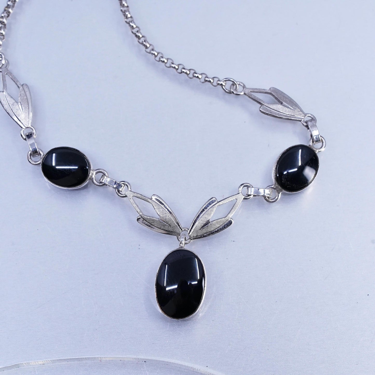 16”, vintage Sterling 925 silver handmade circle chain necklace onyx pendant