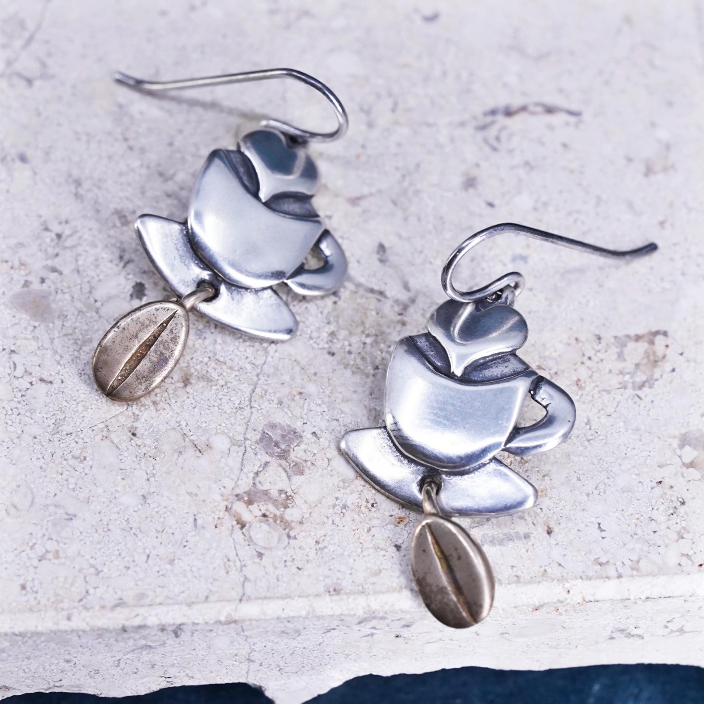 Southwestern sterling silver handmade earrings, 925 two tone cup coffee beans
