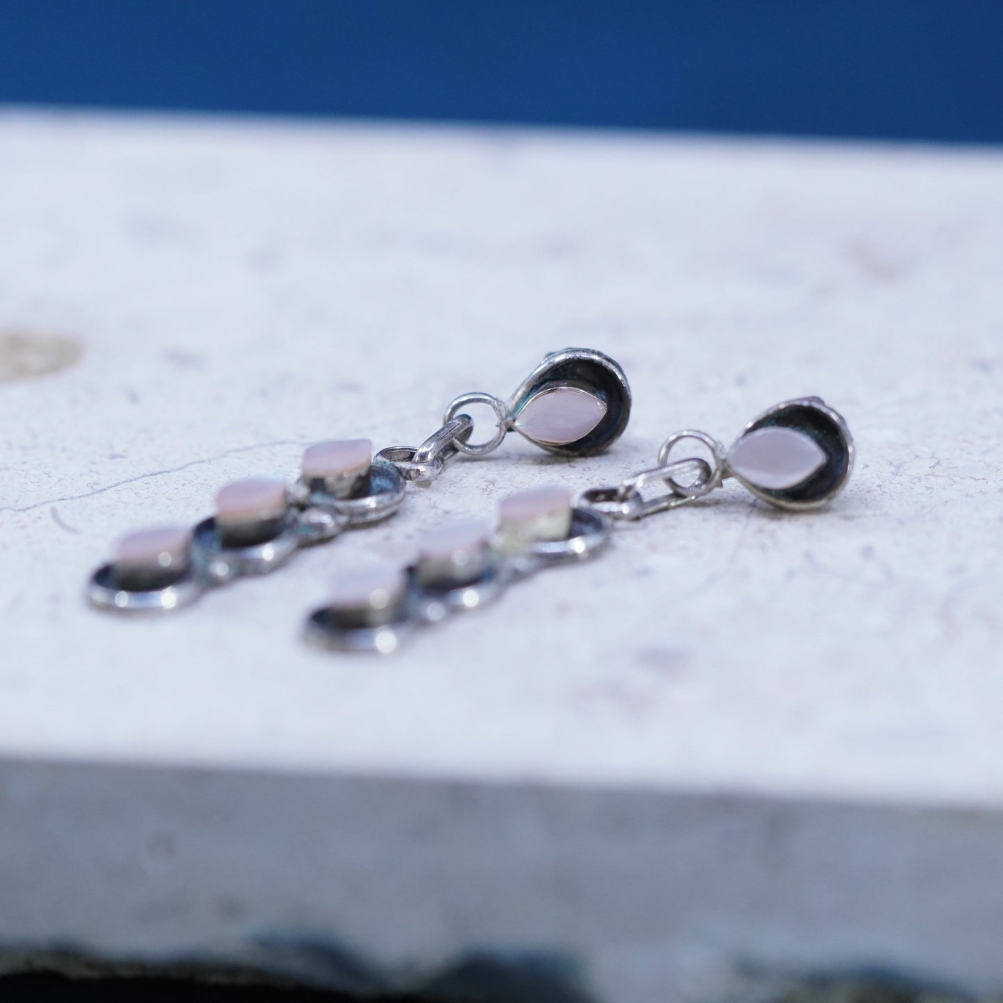 sterling silver handmade earrings, 925 long dangles with pink mother of pearl
