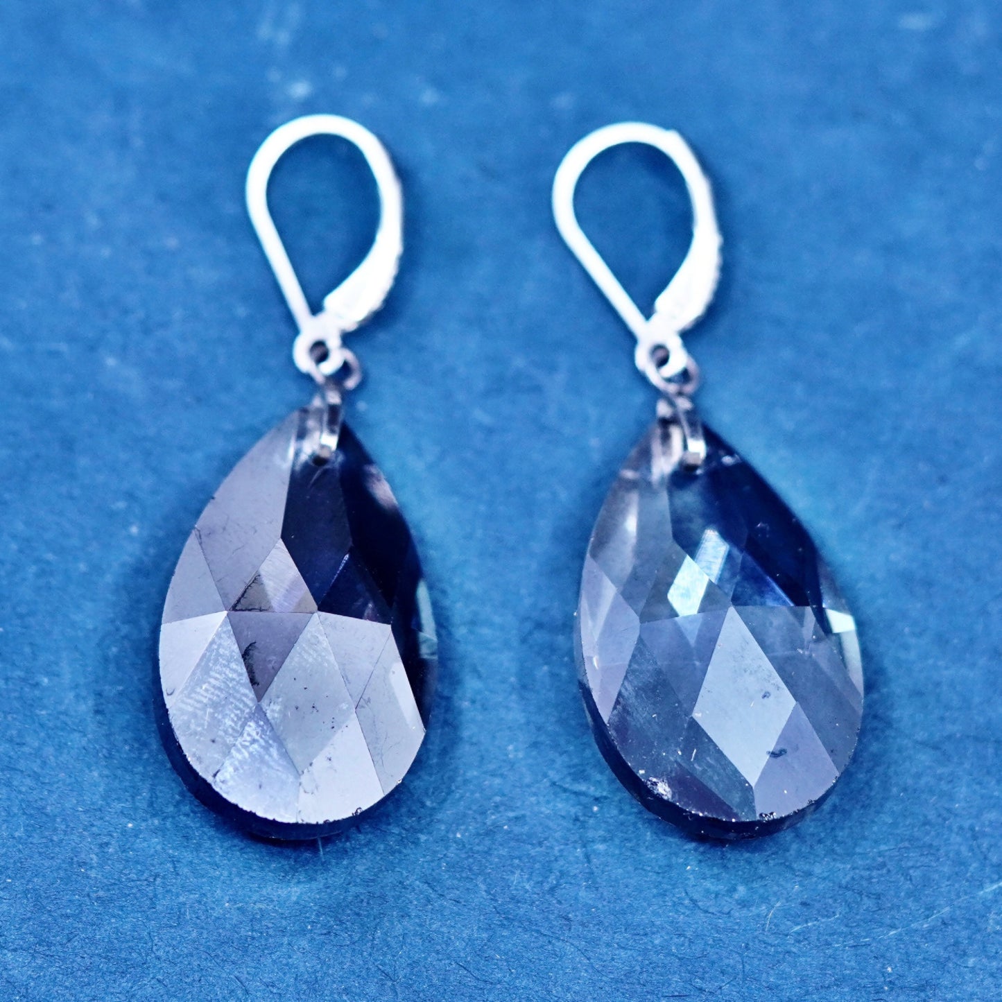 Vintage sterling 925 silver handmade teardrop smoky crystal earrings