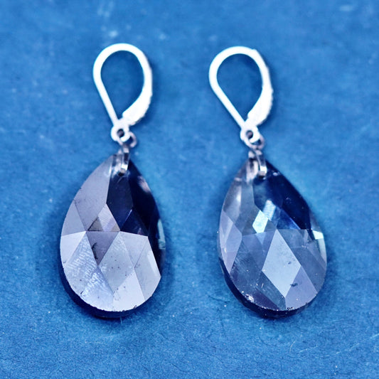 Vintage sterling 925 silver handmade teardrop smoky crystal earrings
