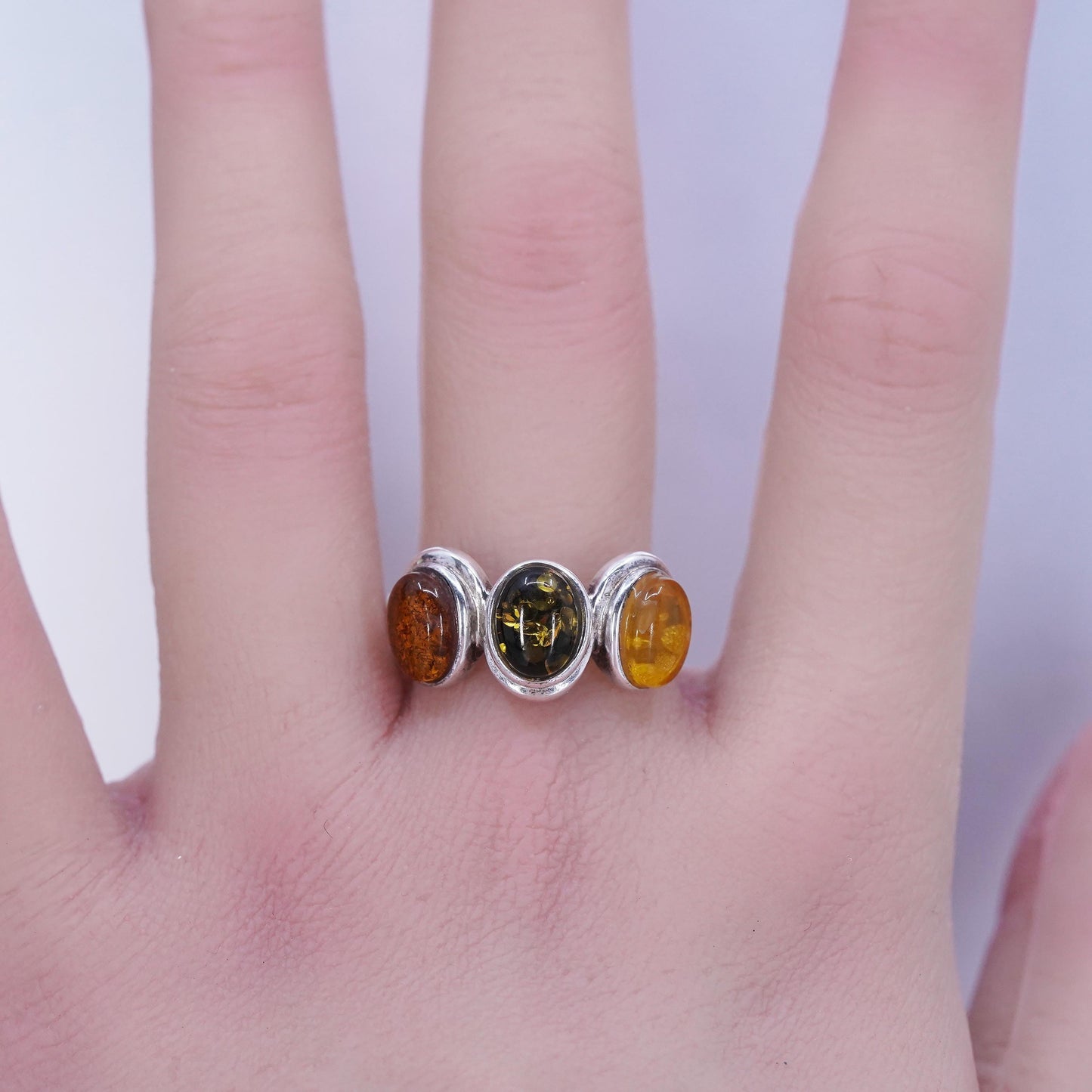 Size 10, vintage Sterling 925 silver handmade ring with Amber