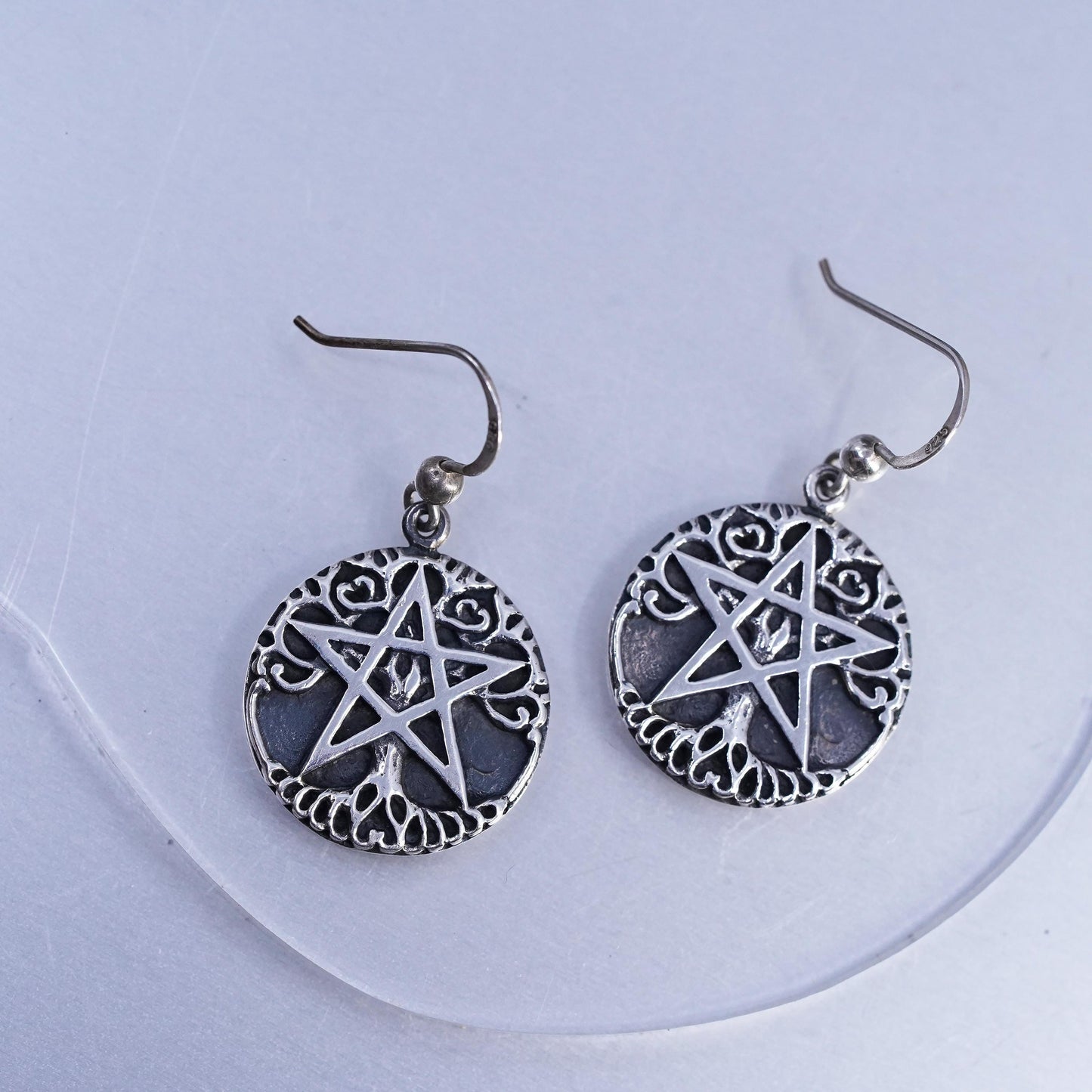 P. Borda 925 Sterling Silver Pentagram Star Earrings, Tree of Life inlay Gothic