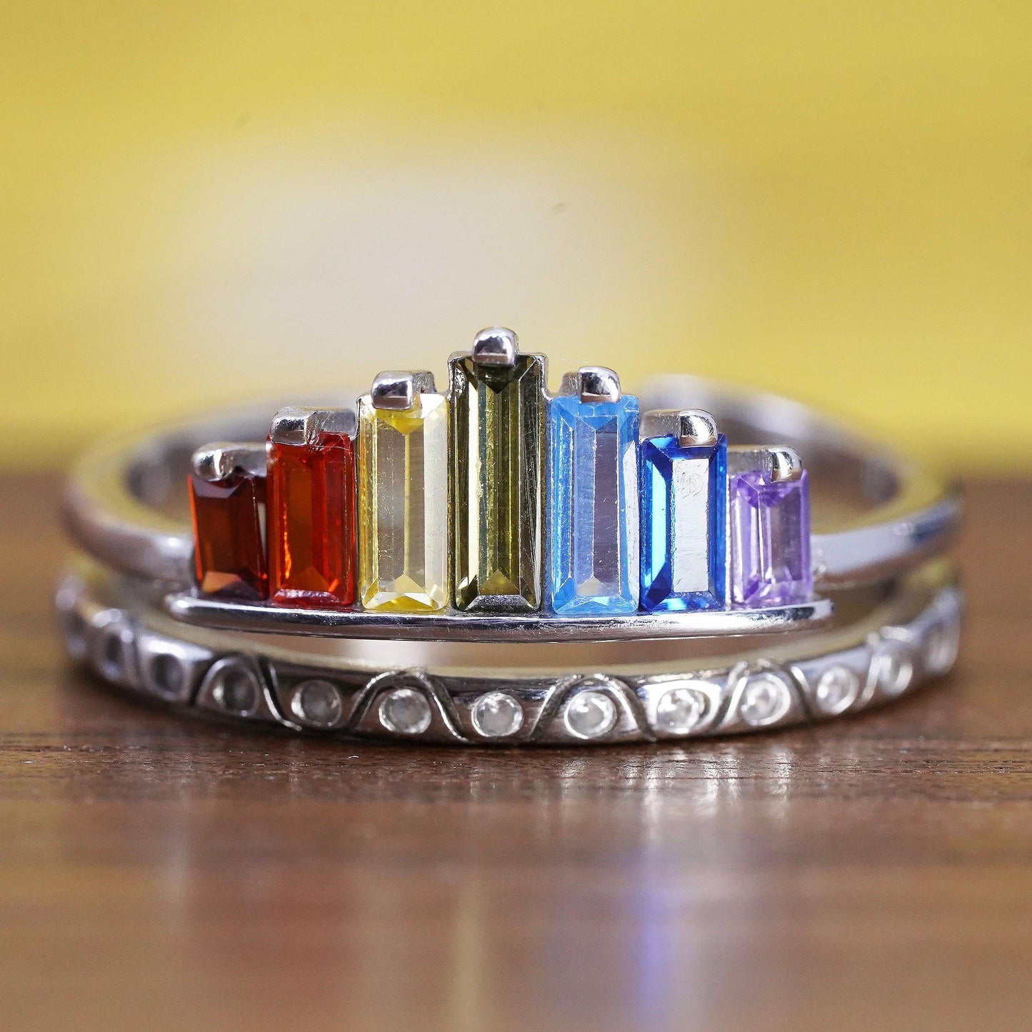 Rainbow Baguette Sterling Silver 925 Rings, Rainbow Crown Ring, Pride Jewelry